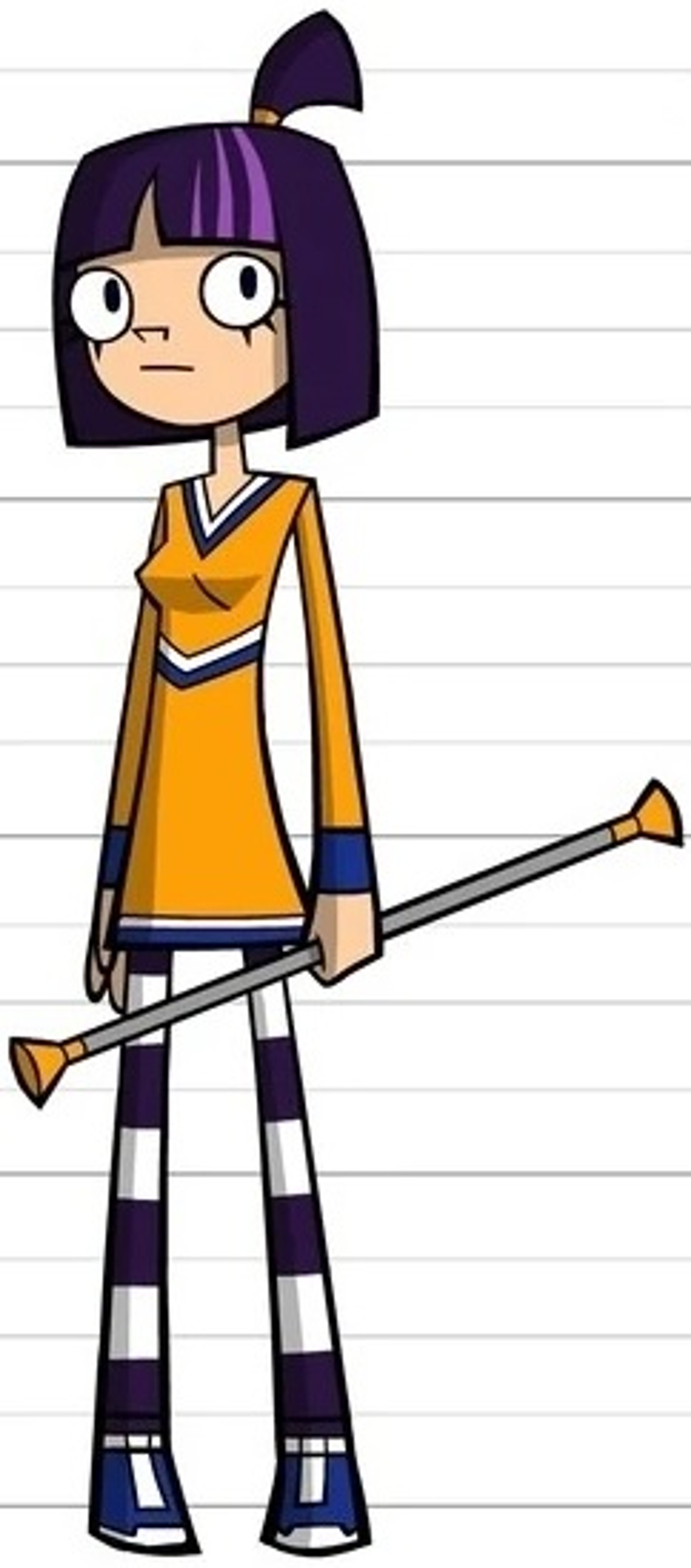 An animated female character with purple hair in a ponytail, wearing an orange and blue outfit and holding a baton.