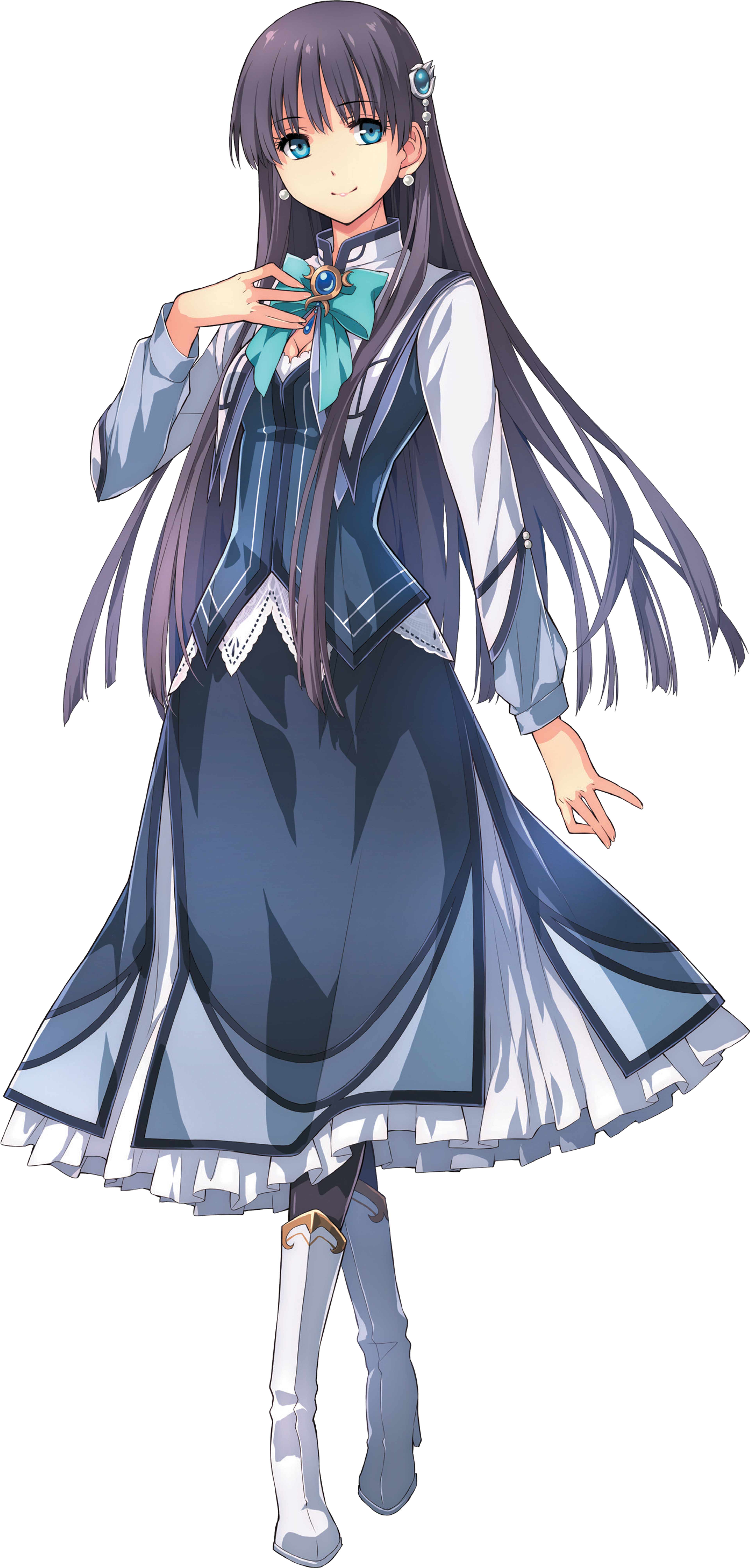 A young woman in a gray and blue dress with a bow at the collar, standing with a poised expression.