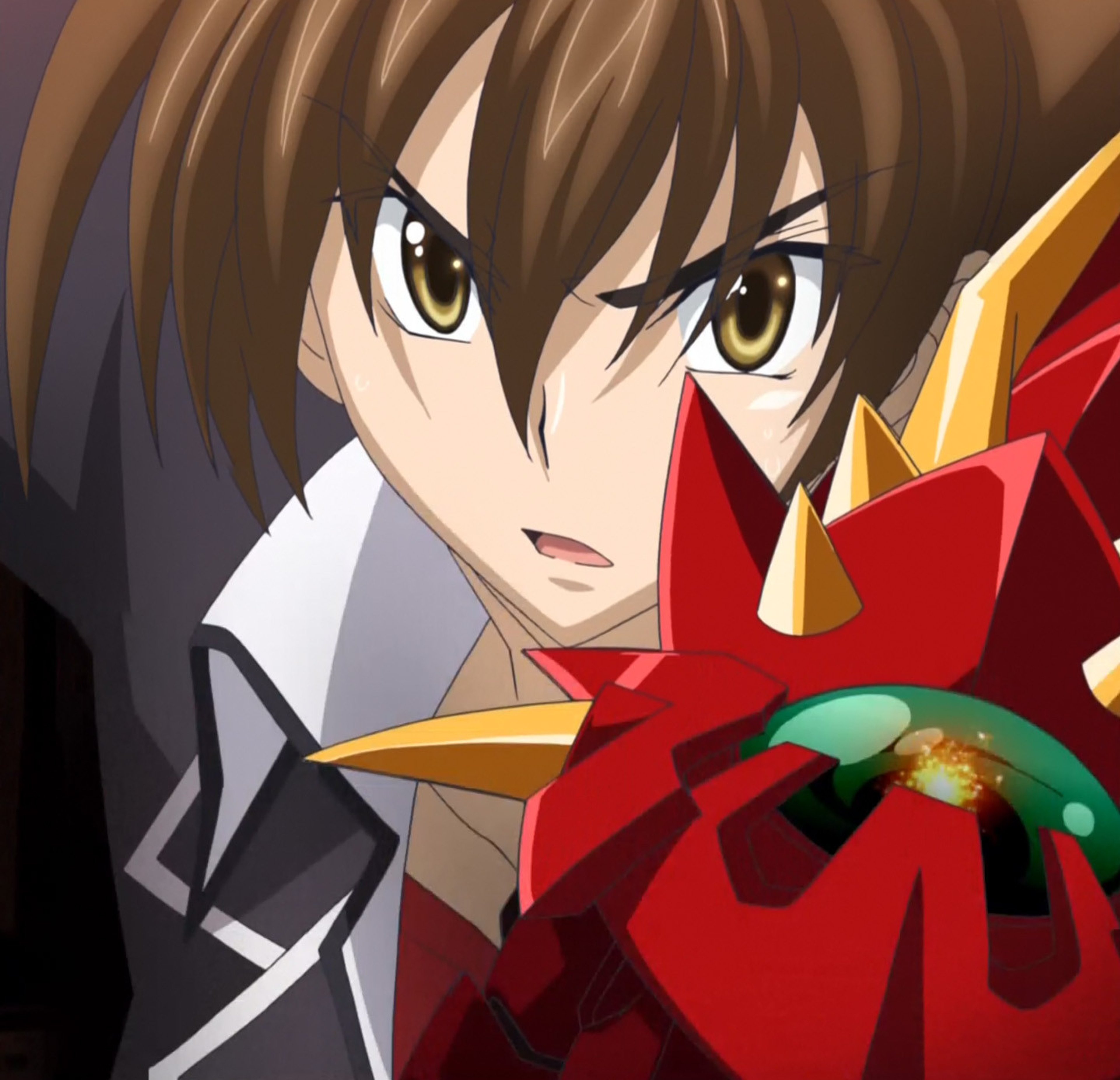 An anime-style character with brown hair and intense eyes, wearing a red and black outfit and holding a red object.