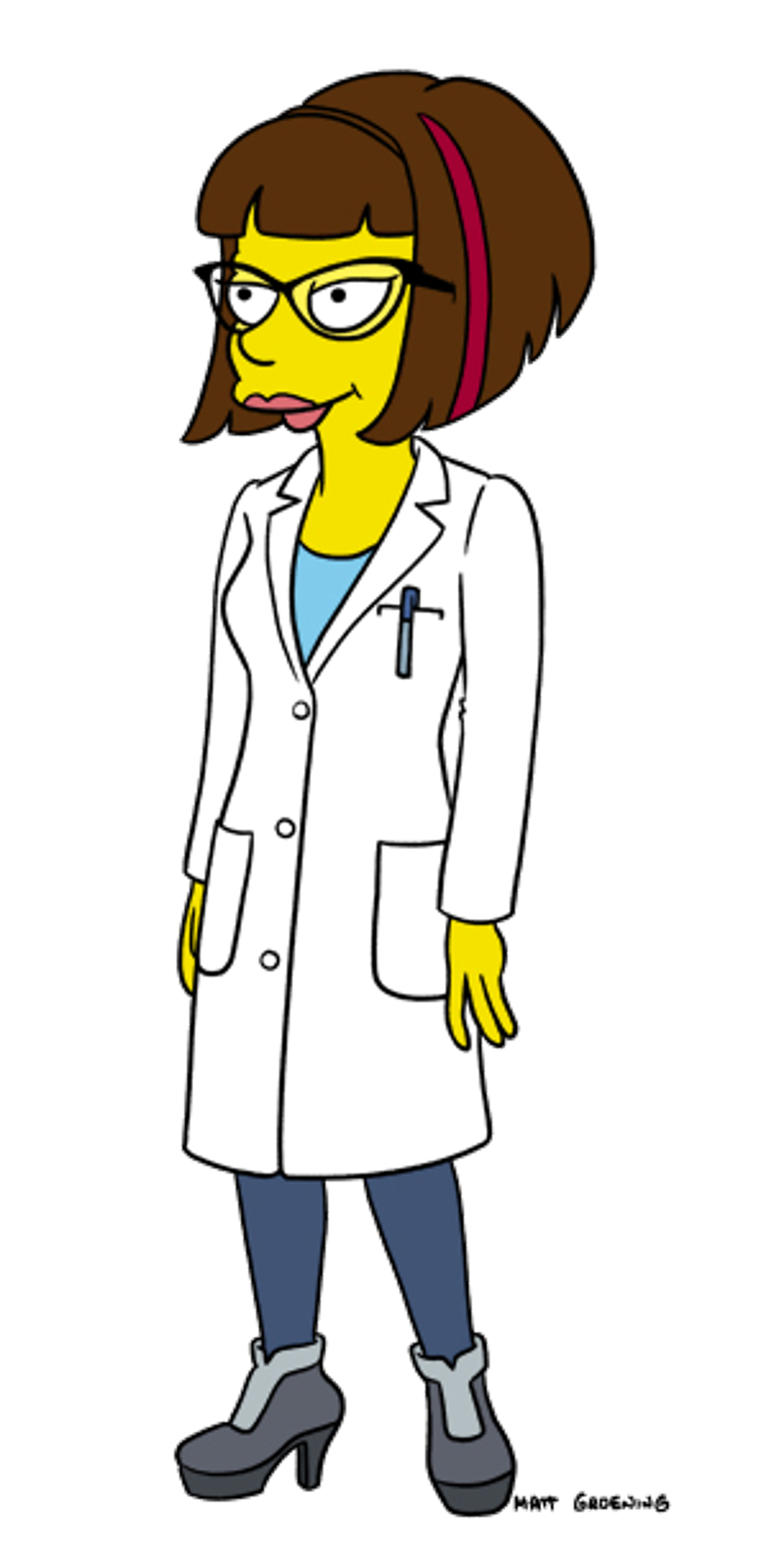 A young female pharmacist with a stern expression, wearing a white lab coat, glasses, and a cross necklace.