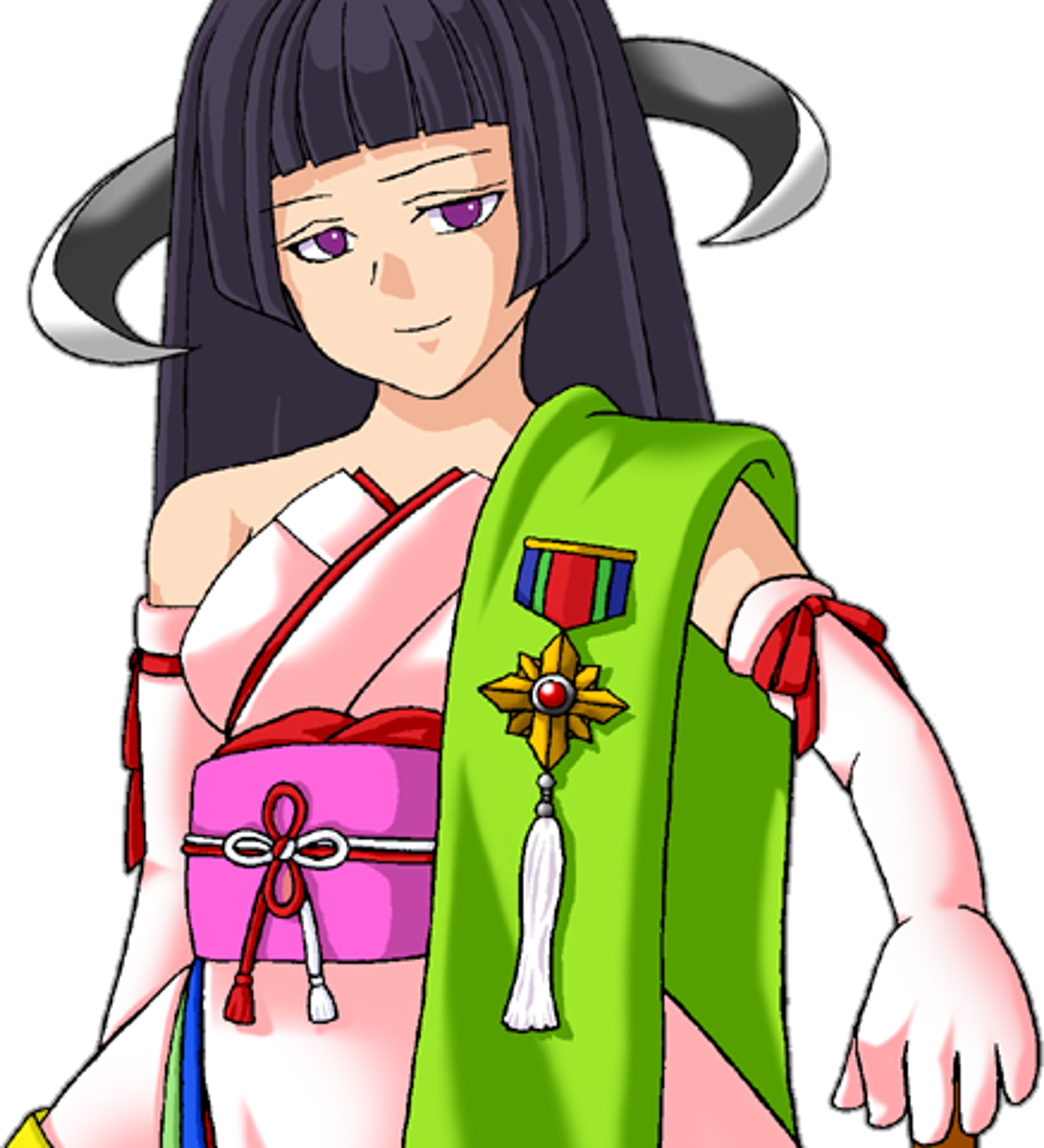 An anime-style illustration of a woman with long purple hair wearing a pink and green kimono-style outfit.