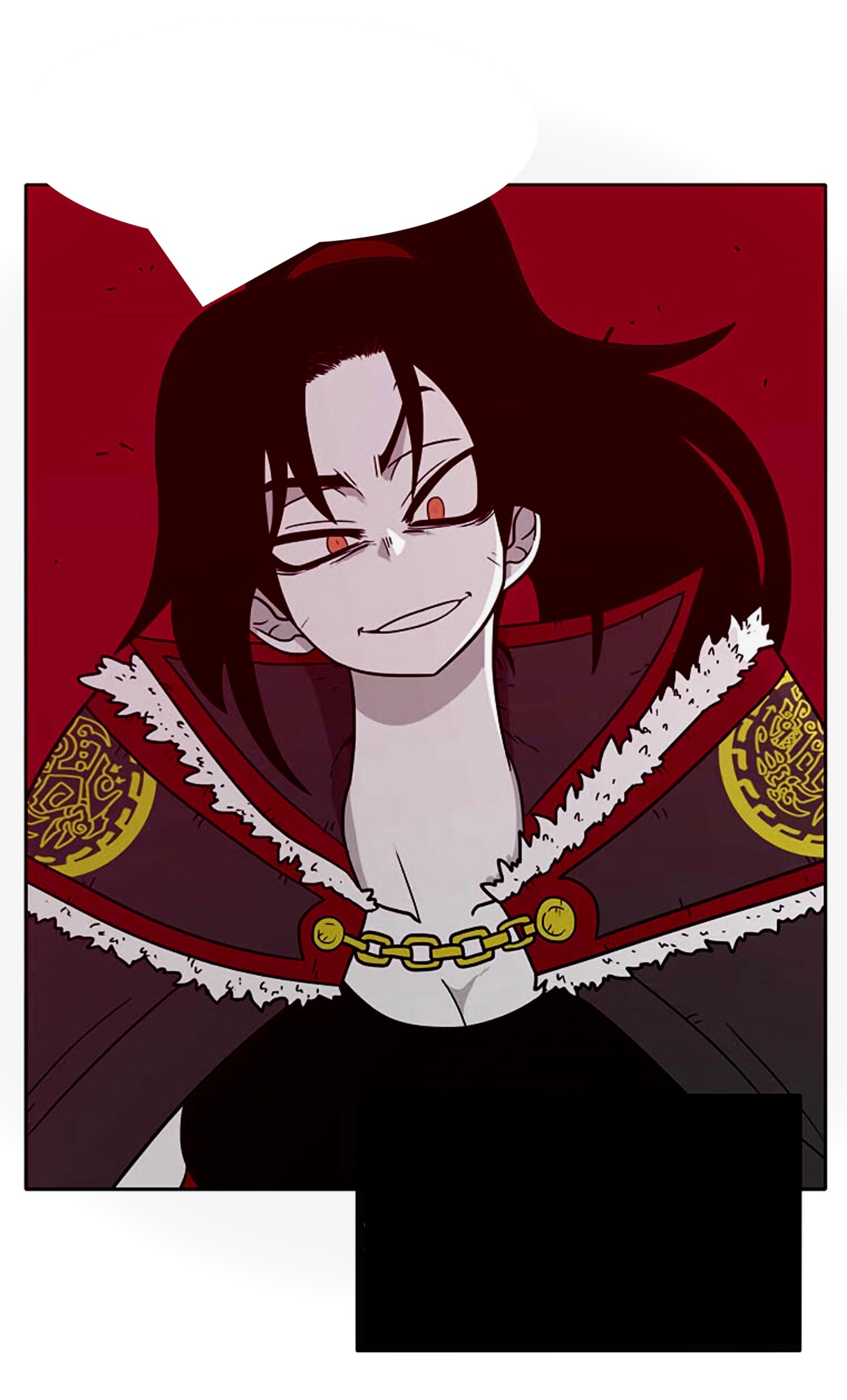 A fierce-looking woman with glowing red eyes and a muscular build