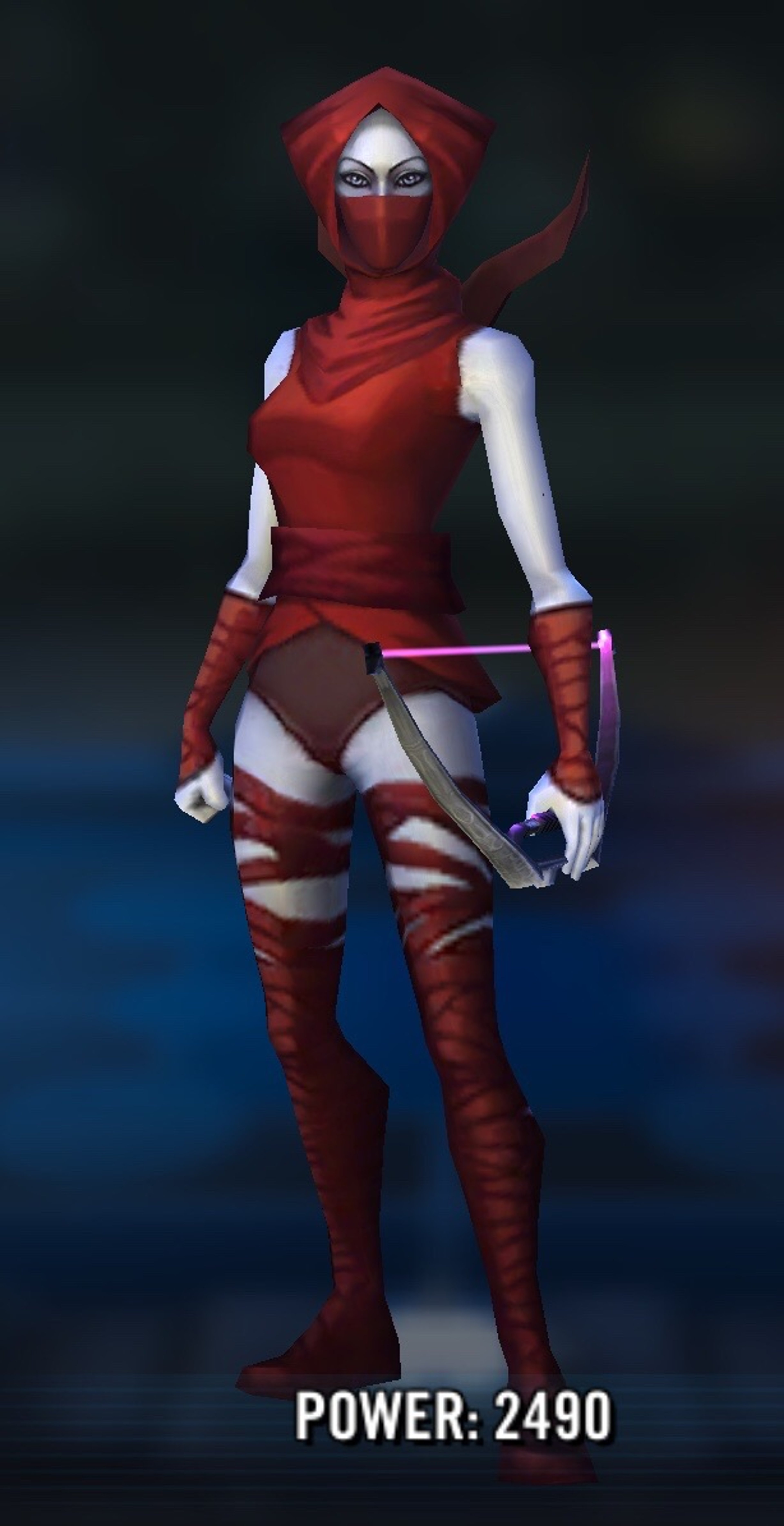 A female character in a red hooded outfit with a mask, holding a weapon or tool.
