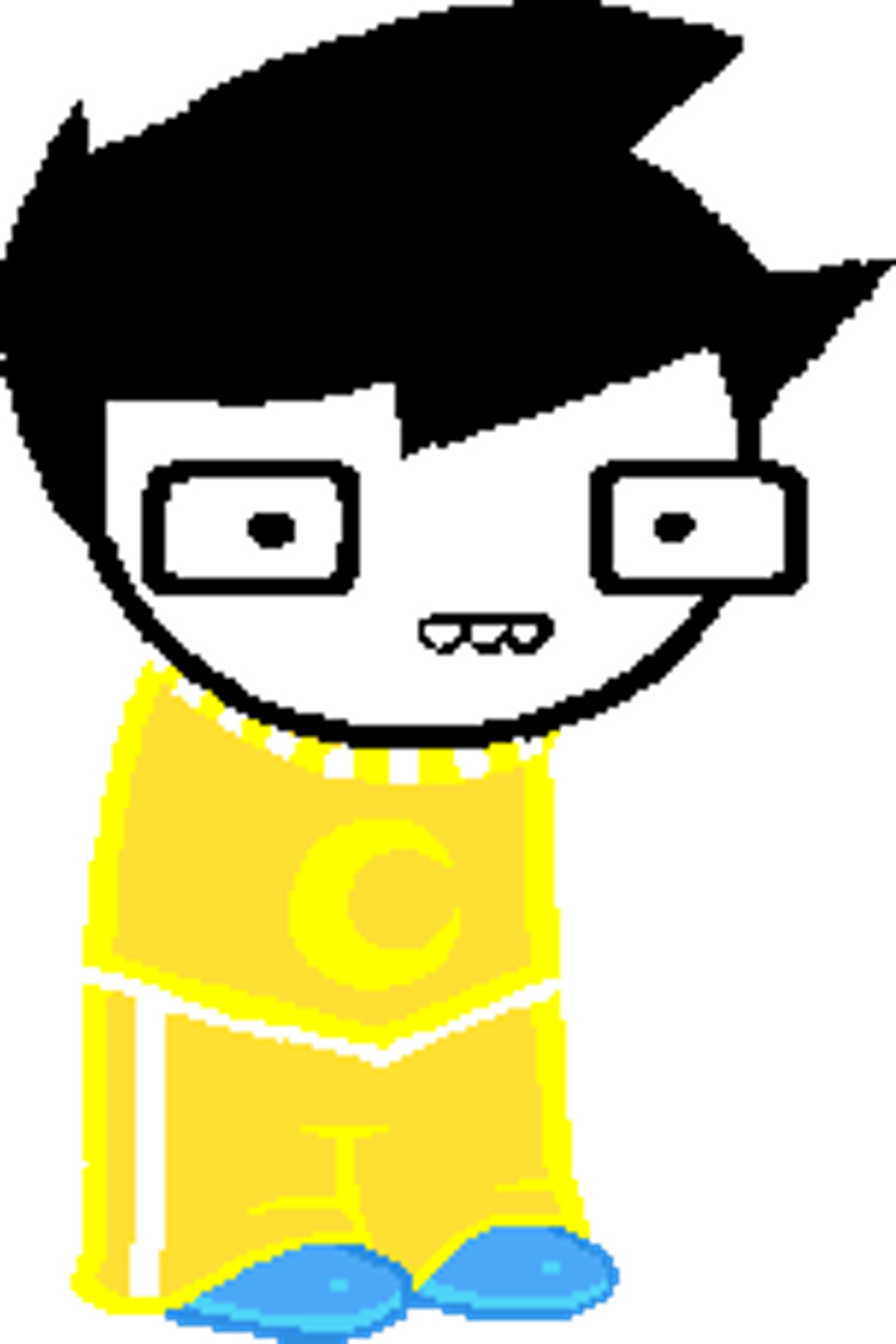 A cartoon character with large eyes and a yellow body