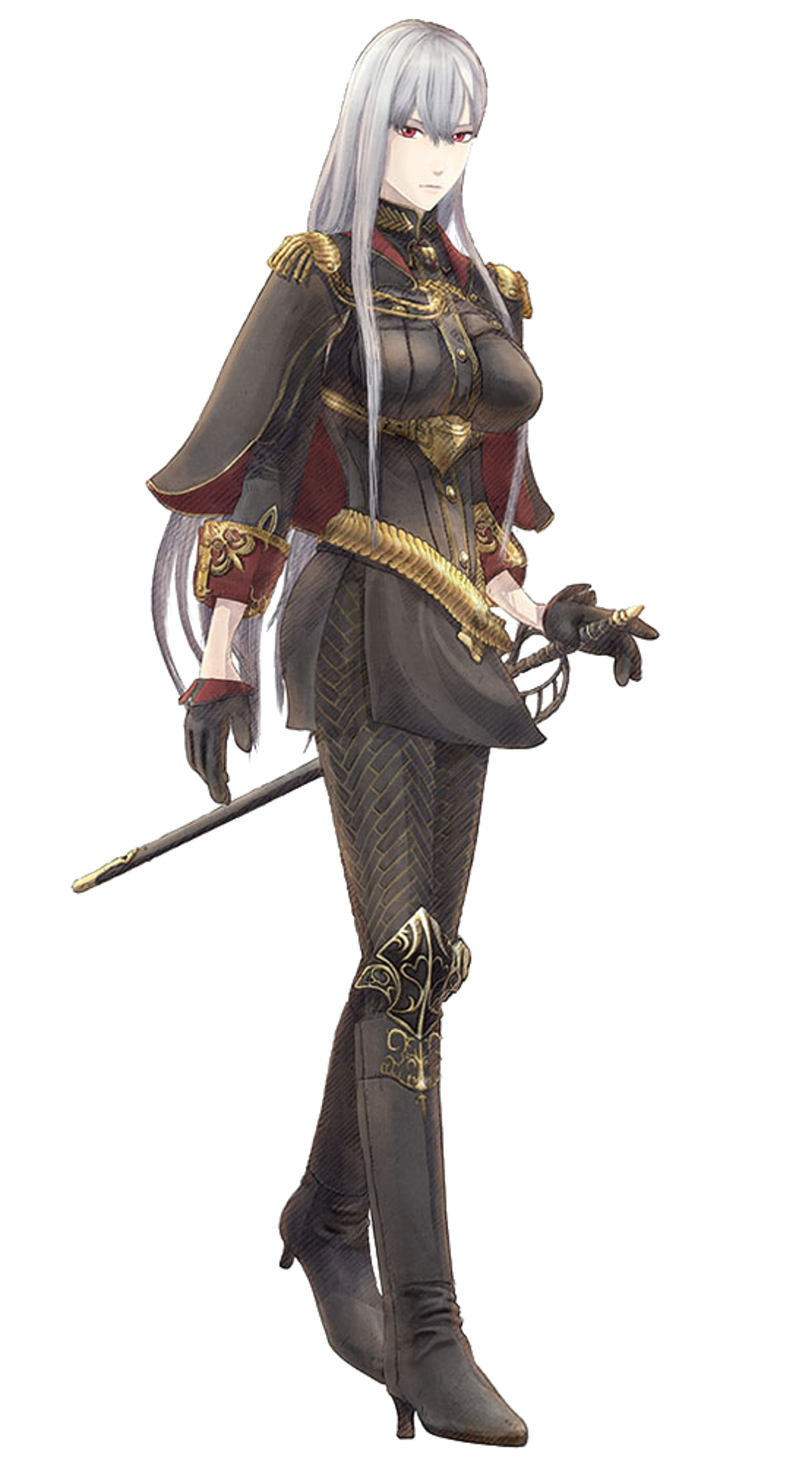 A young, silver-haired woman in a military uniform holding a sword