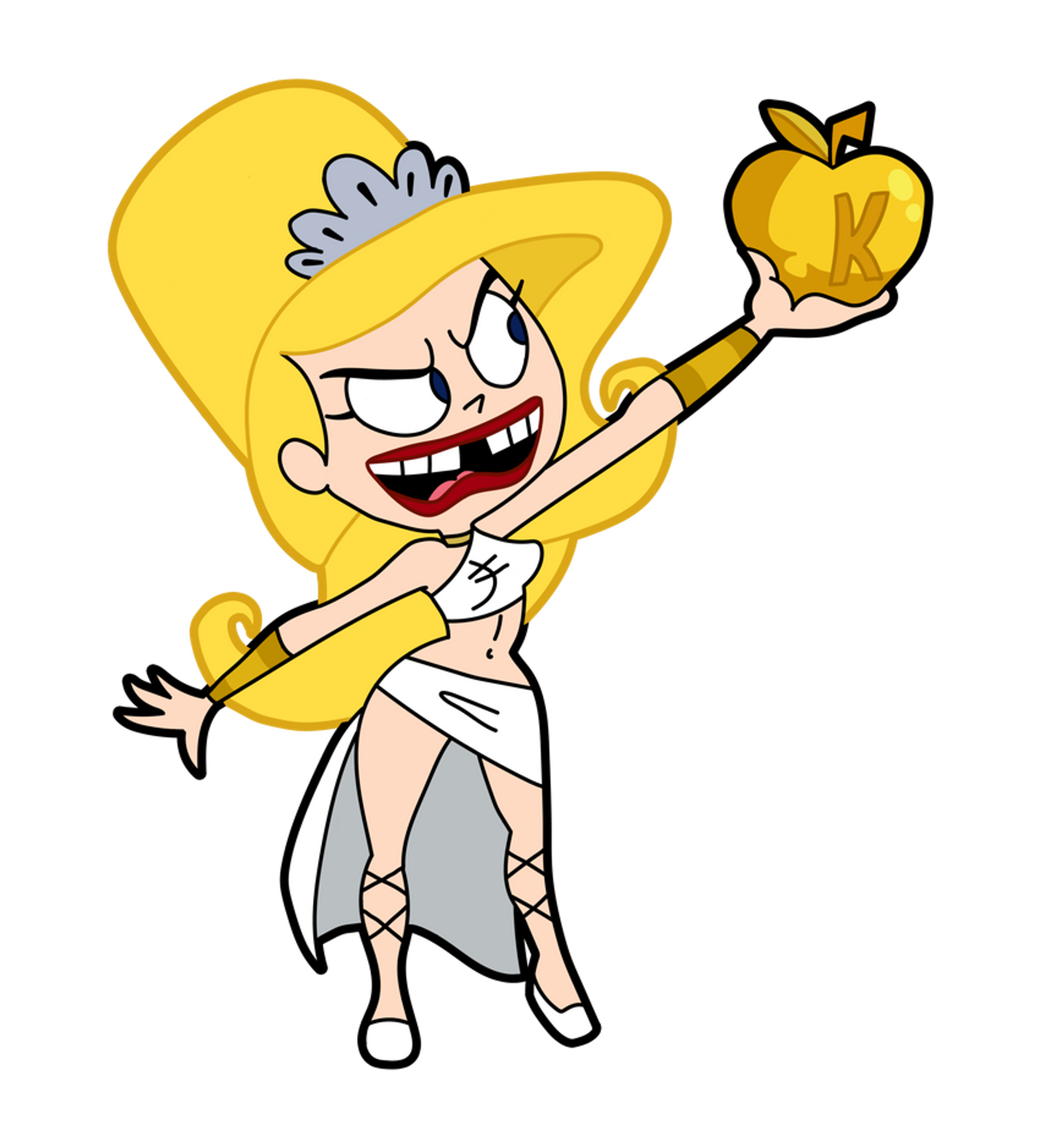 A cartoon character with blonde hair and blue eyes, wearing a white dress and holding a golden apple-like object.
