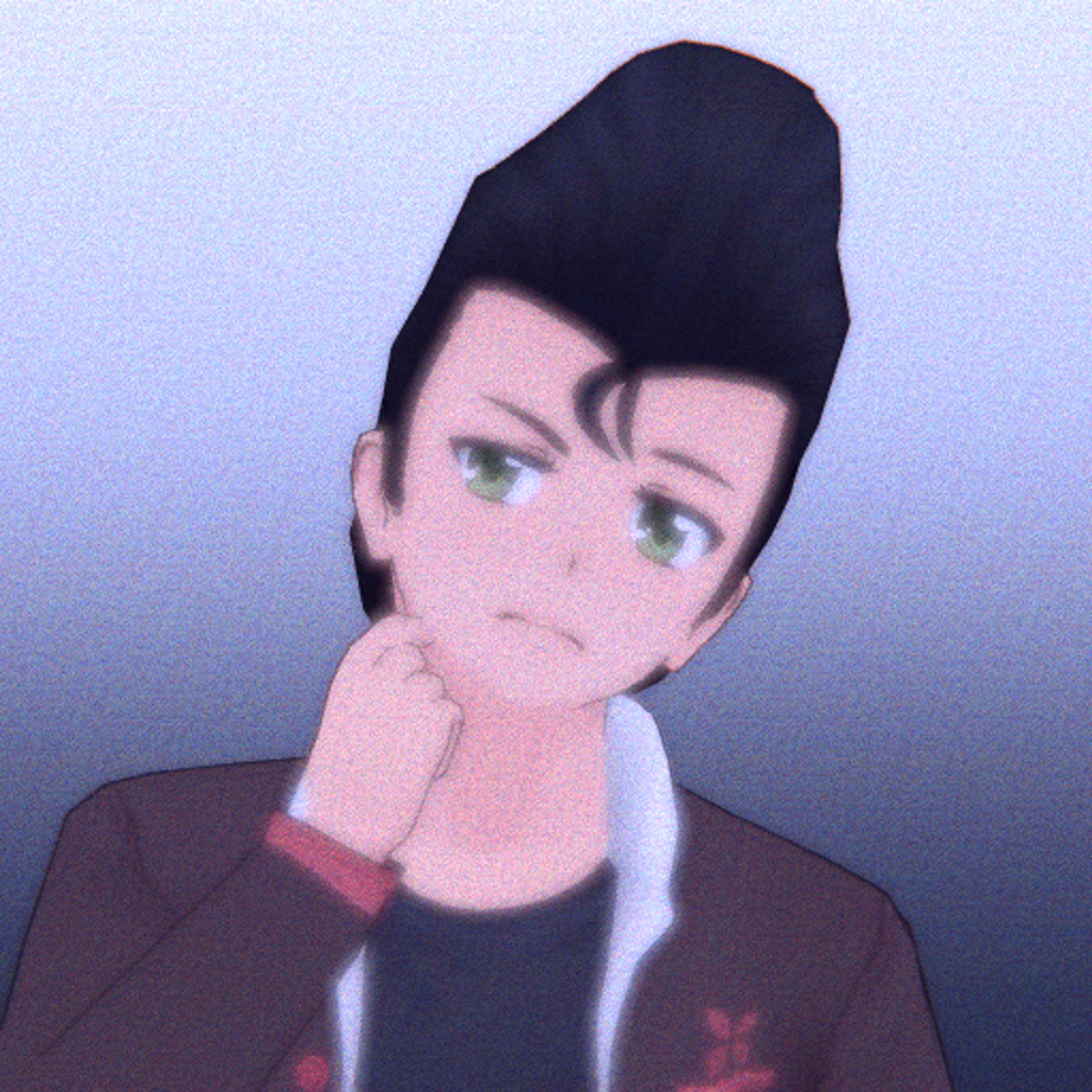 An anime-style character with a pompadour hairstyle and a stern expression, wearing a dark uniform with a red armband.