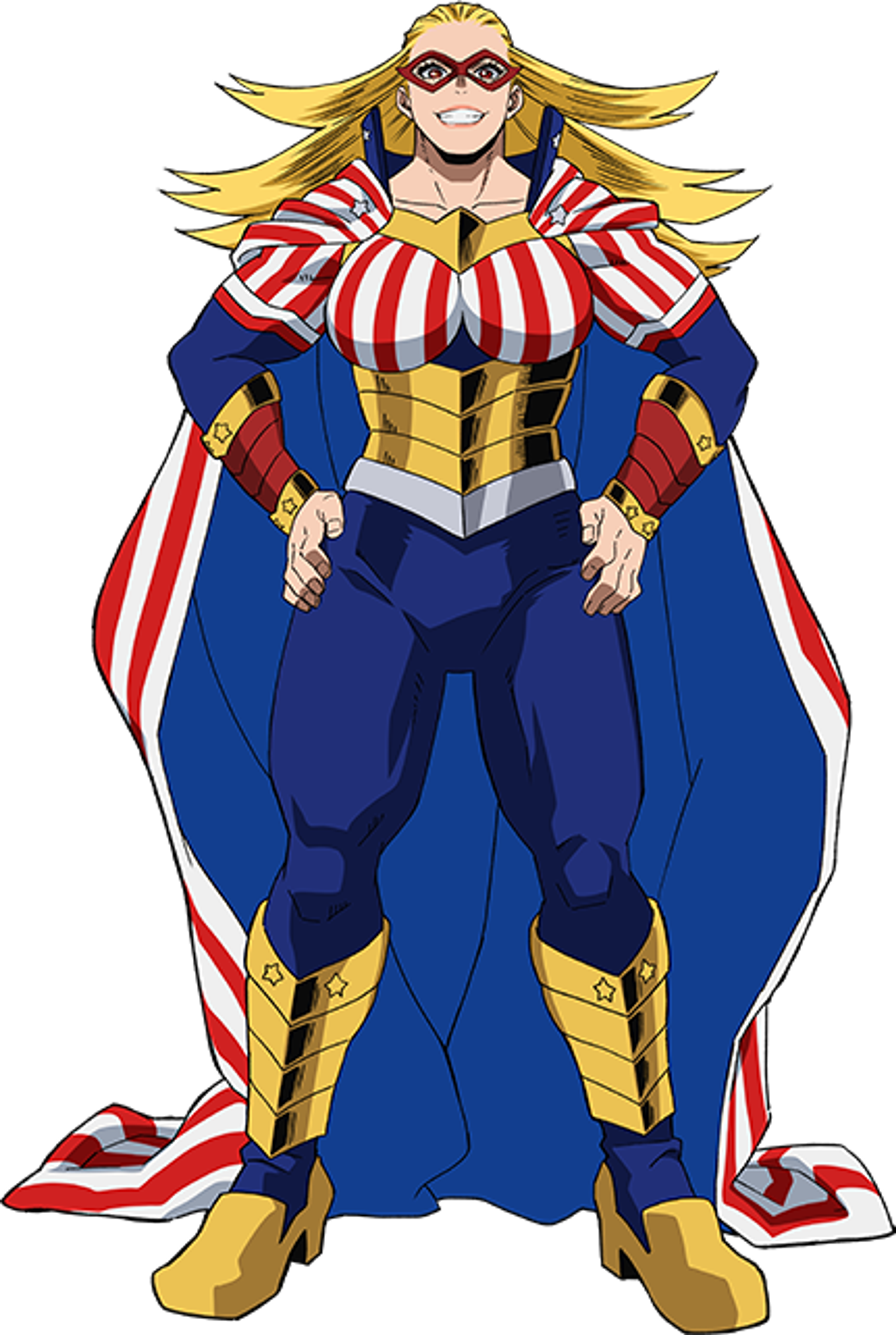 A muscular, patriotic female superhero character with long blonde hair styled in eight tufts.