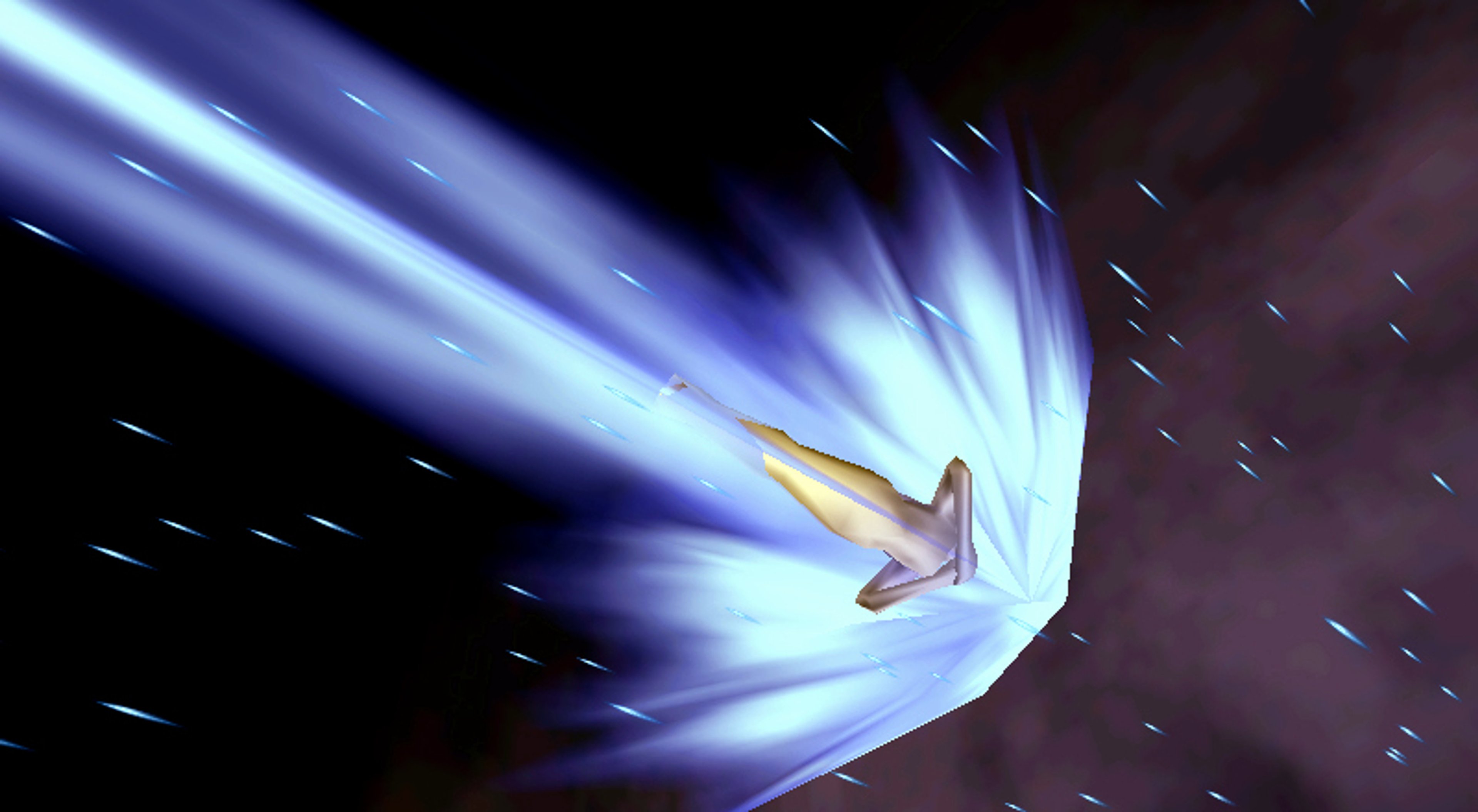 A powerful, glowing blue energy beam or attack surrounded by swirling energy particles against a dark background.