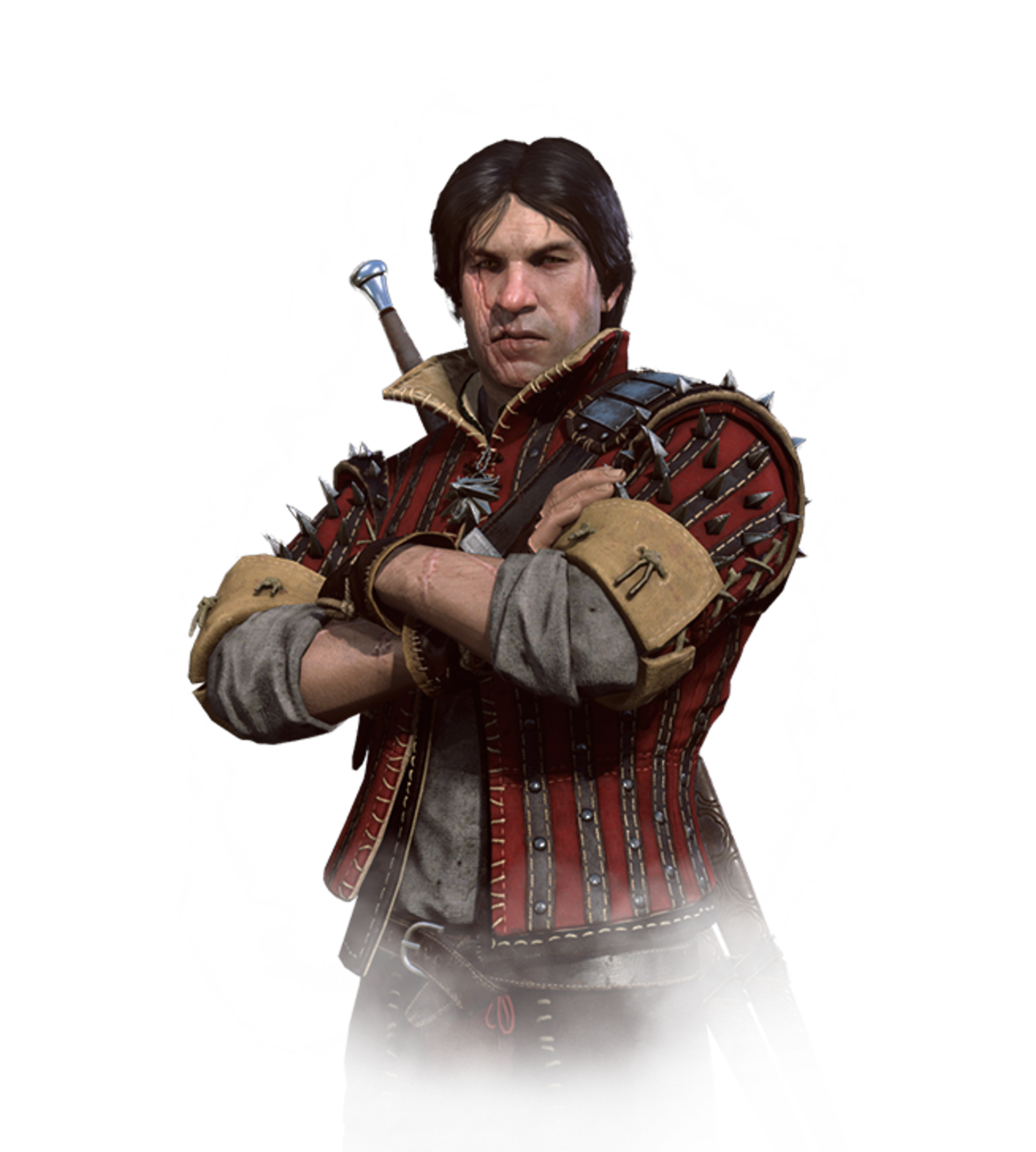 A man with long dark hair and a rugged appearance, wearing a red and gold outfit with armor and carrying a sword.