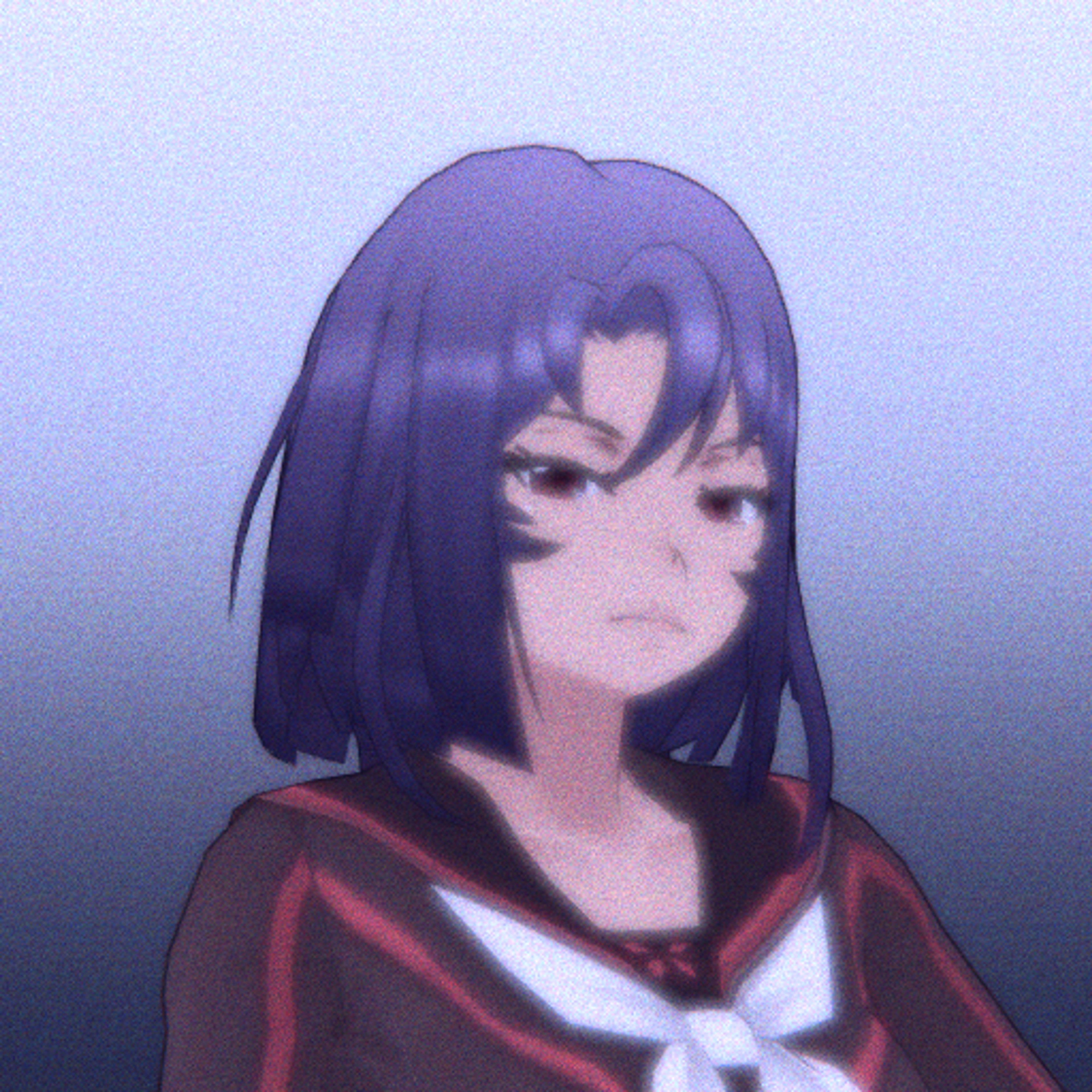 A young woman with dark purple hair and red eyes wearing a school uniform