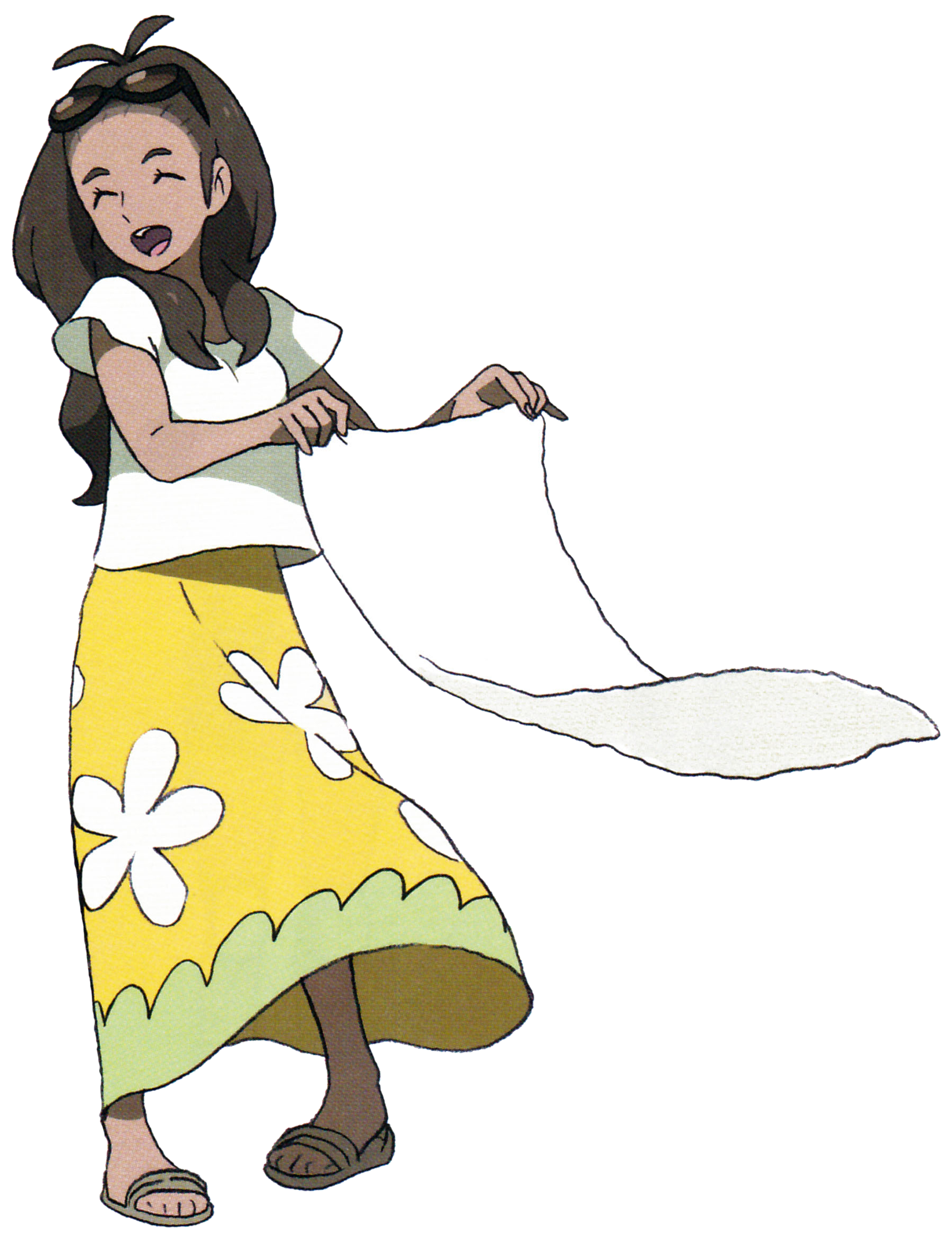 A young woman with long dark hair wearing a white shirt and yellow skirt with flower patterns, standing in a natural outdoor setting.