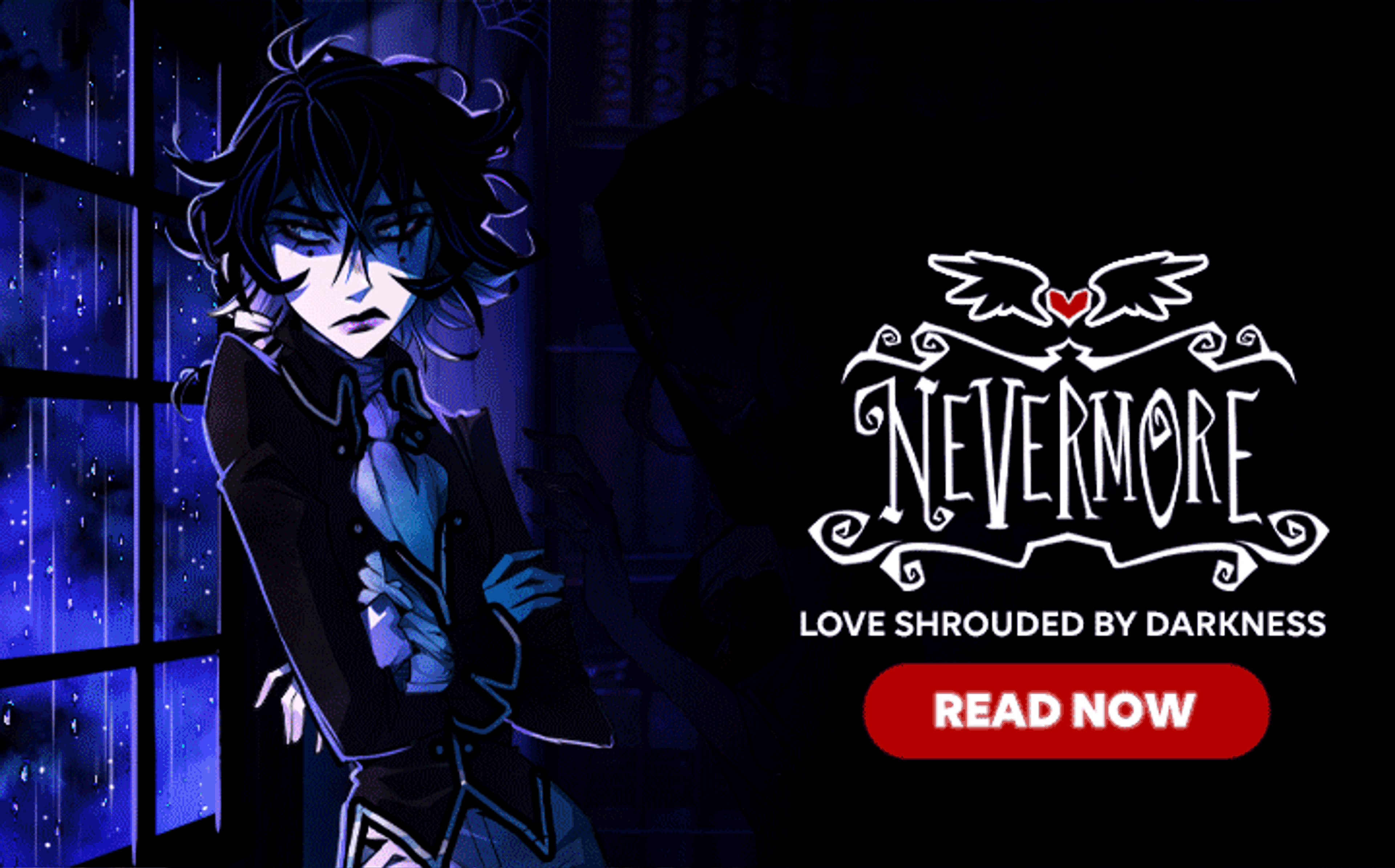 A young woman with dark hair and pale skin, wearing a black outfit with a raven-like design, in a dark, moody setting.