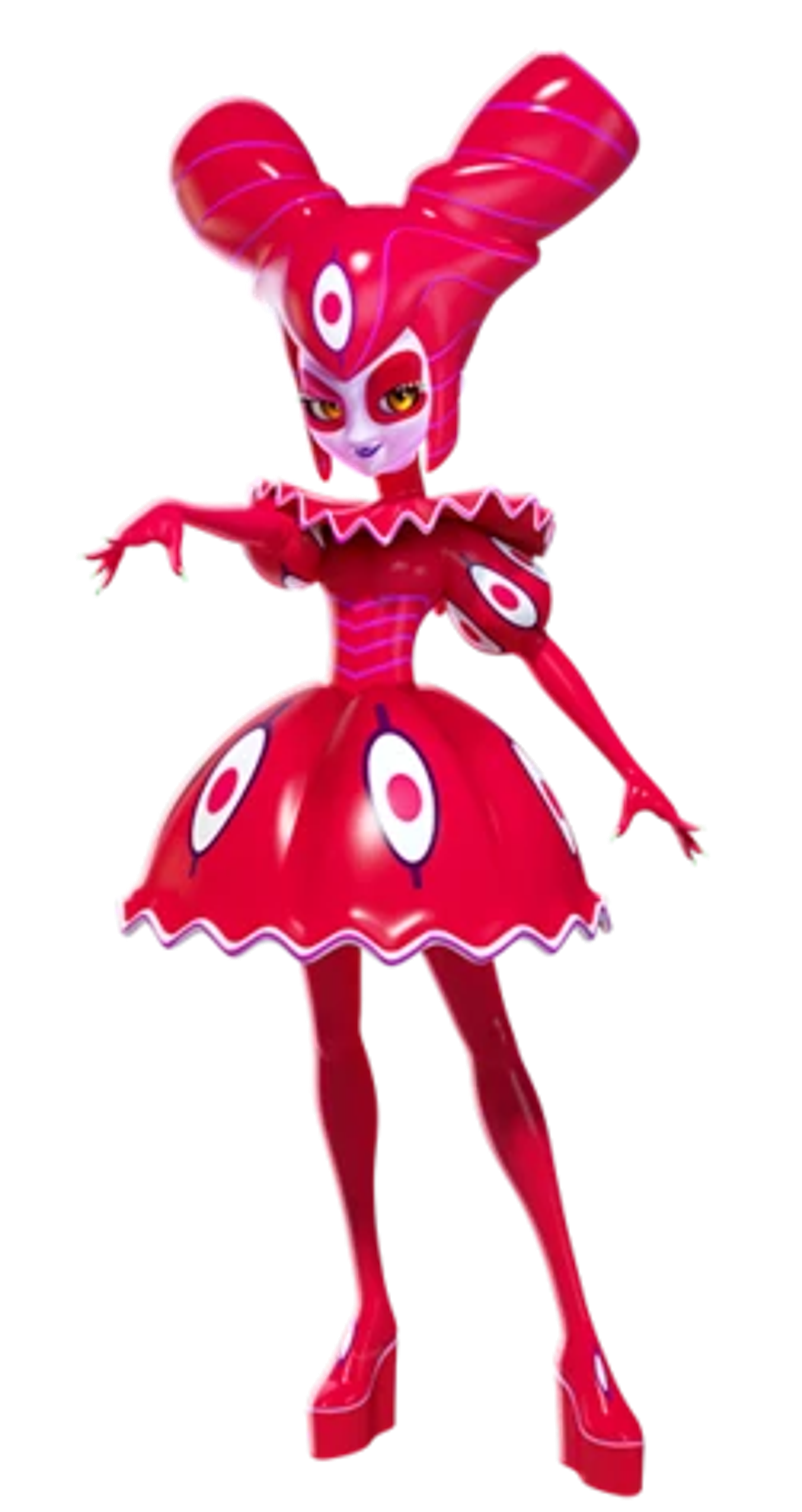 A cartoon-like female character with a pink and purple costume and hairstyle