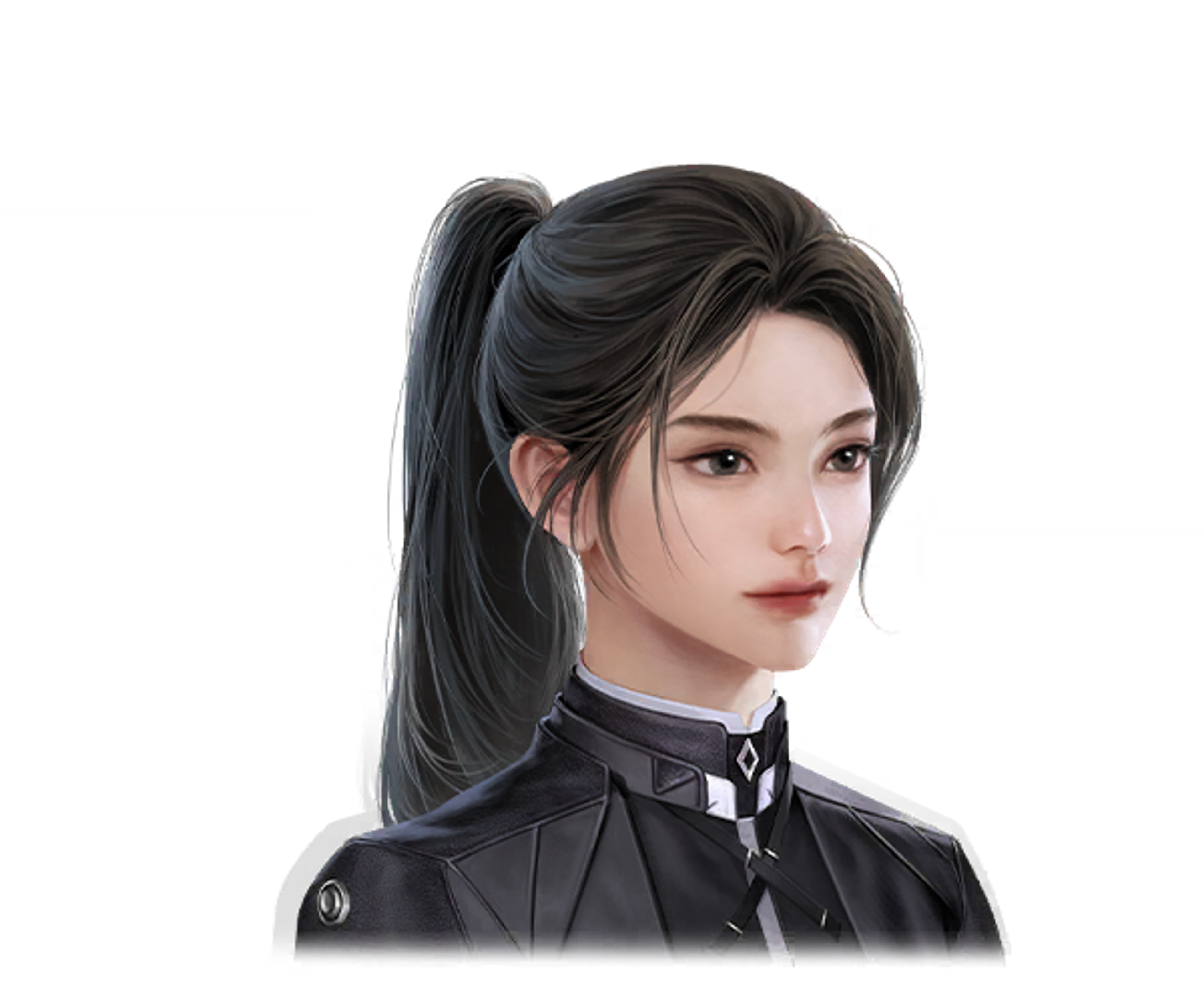 A detailed digital illustration of a young woman in a black uniform with a serious expression.