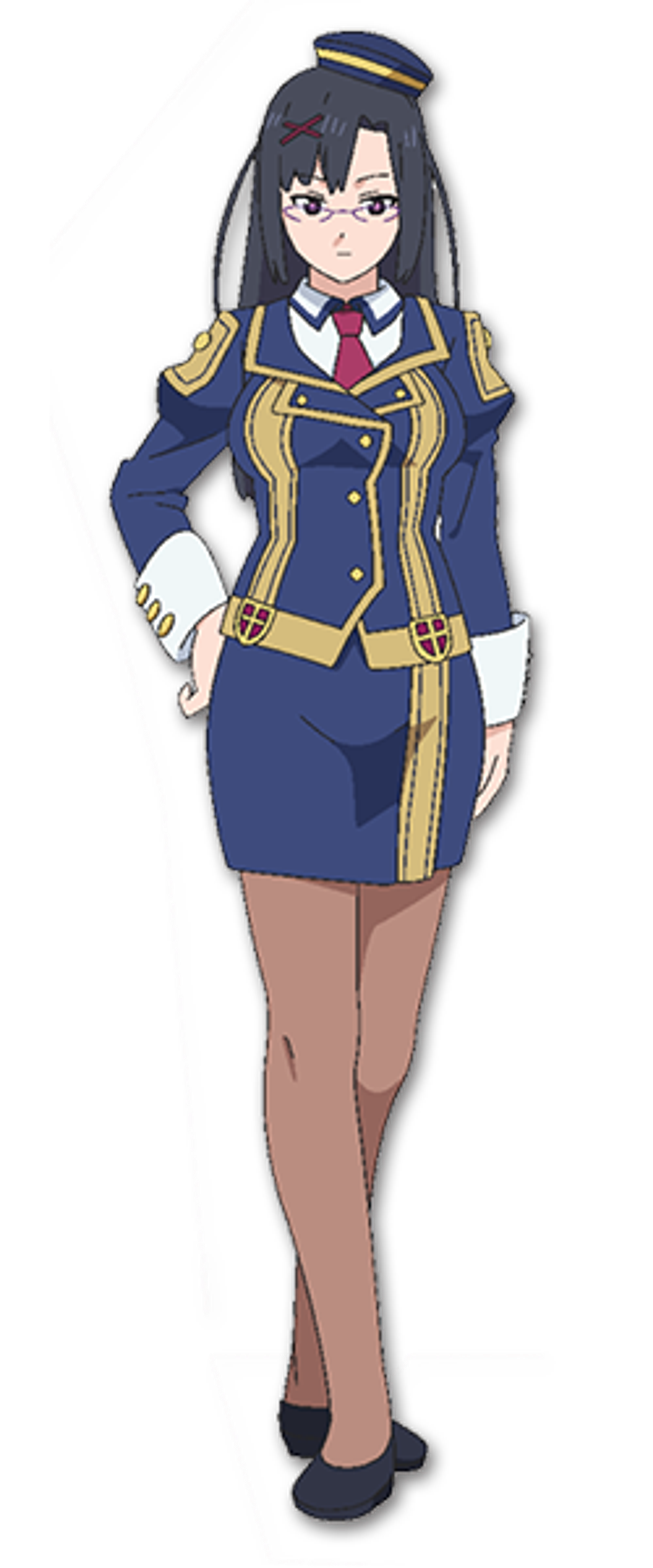 An anime-style character in a blue uniform holding a staff