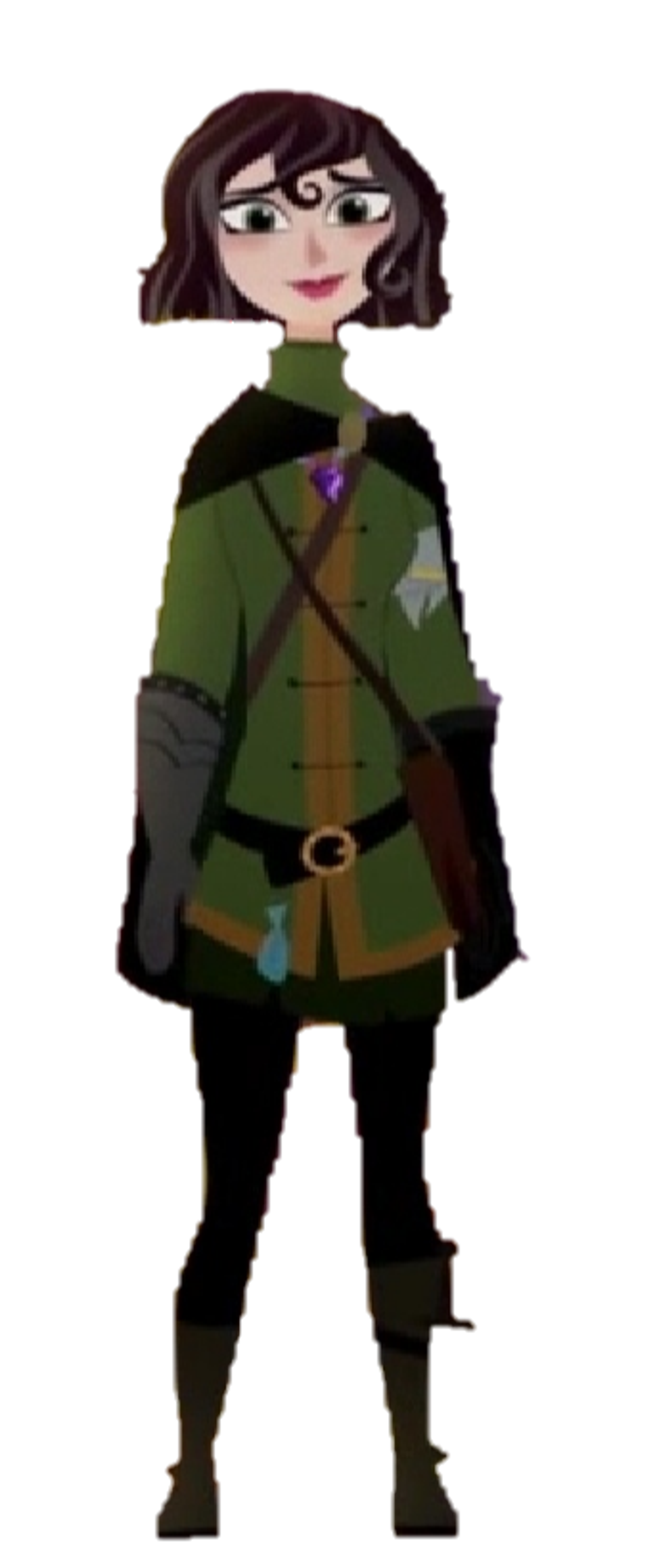 A female warrior character with dark hair and a green and brown outfit