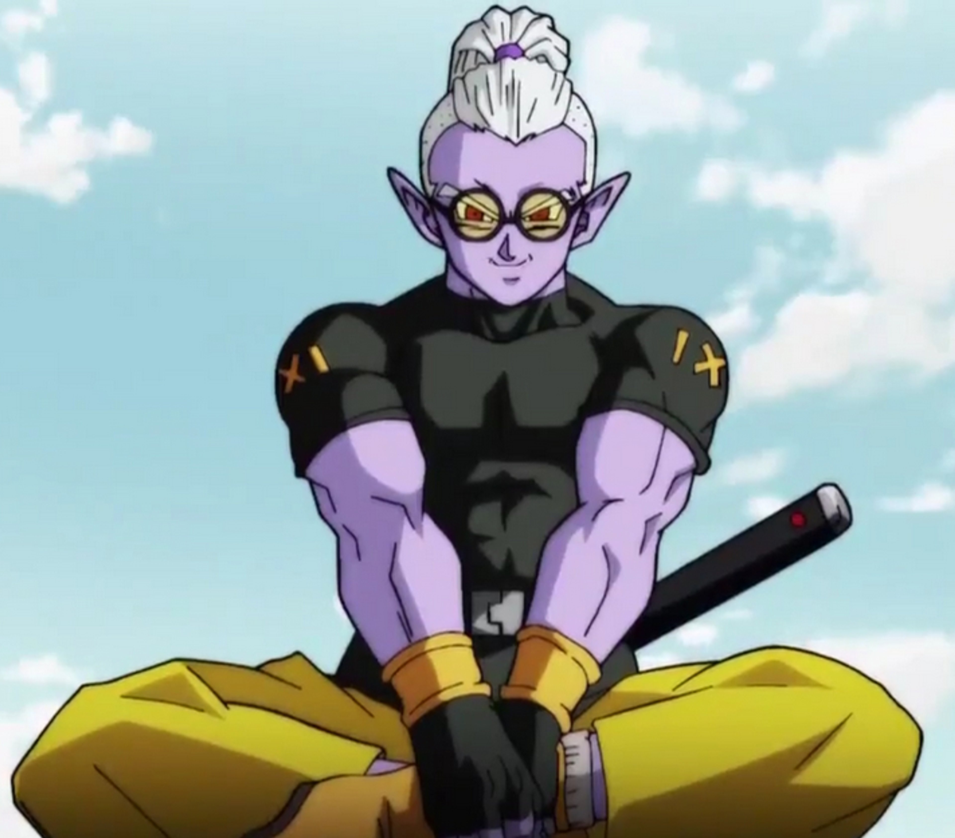 A purple-skinned, red-eyed mutant character with a muscular build, wearing a black bodysuit with gold accents.