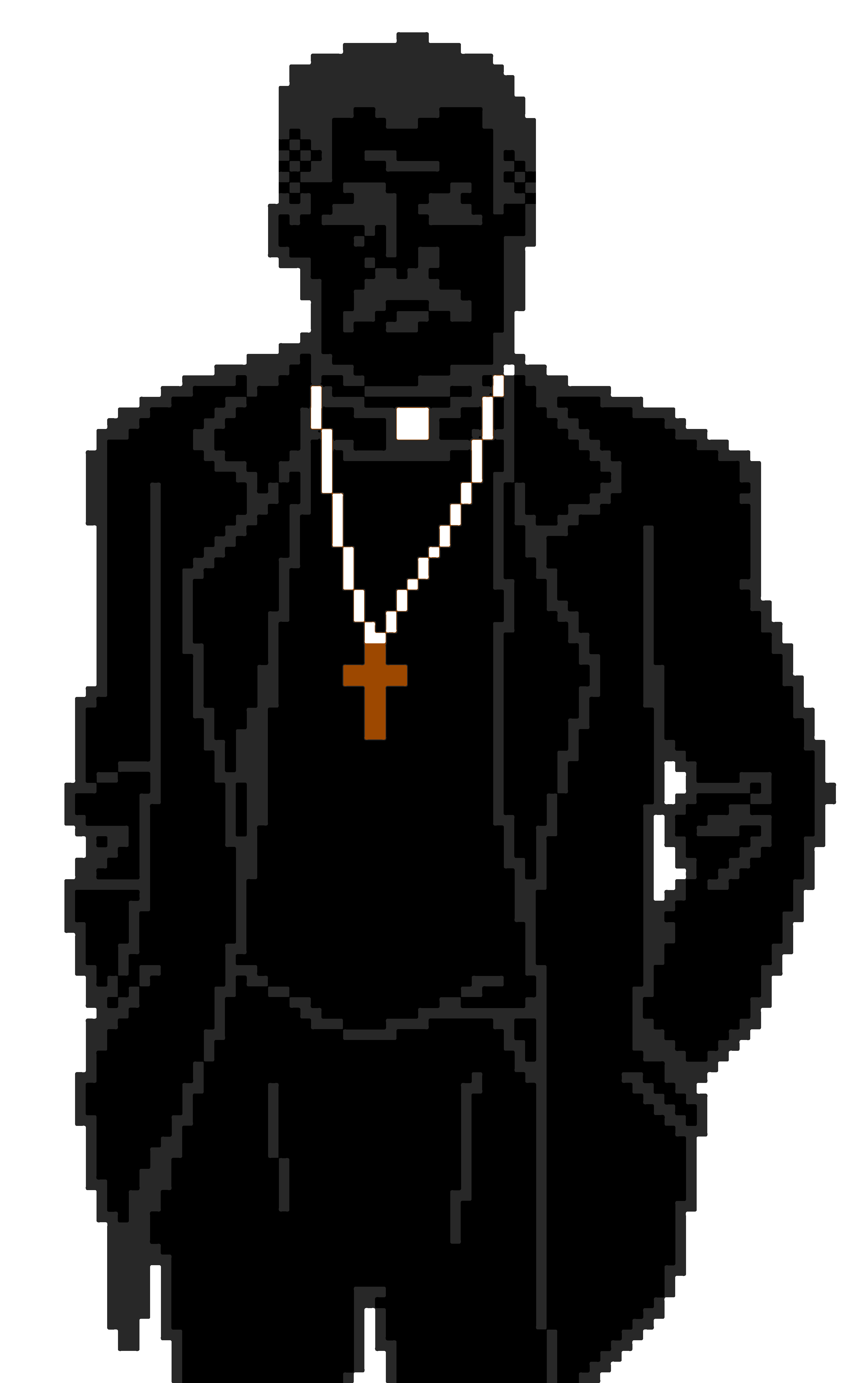 A dark, pixelated figure in a black robe and cross necklace, appearing to be a Catholic priest or religious figure.