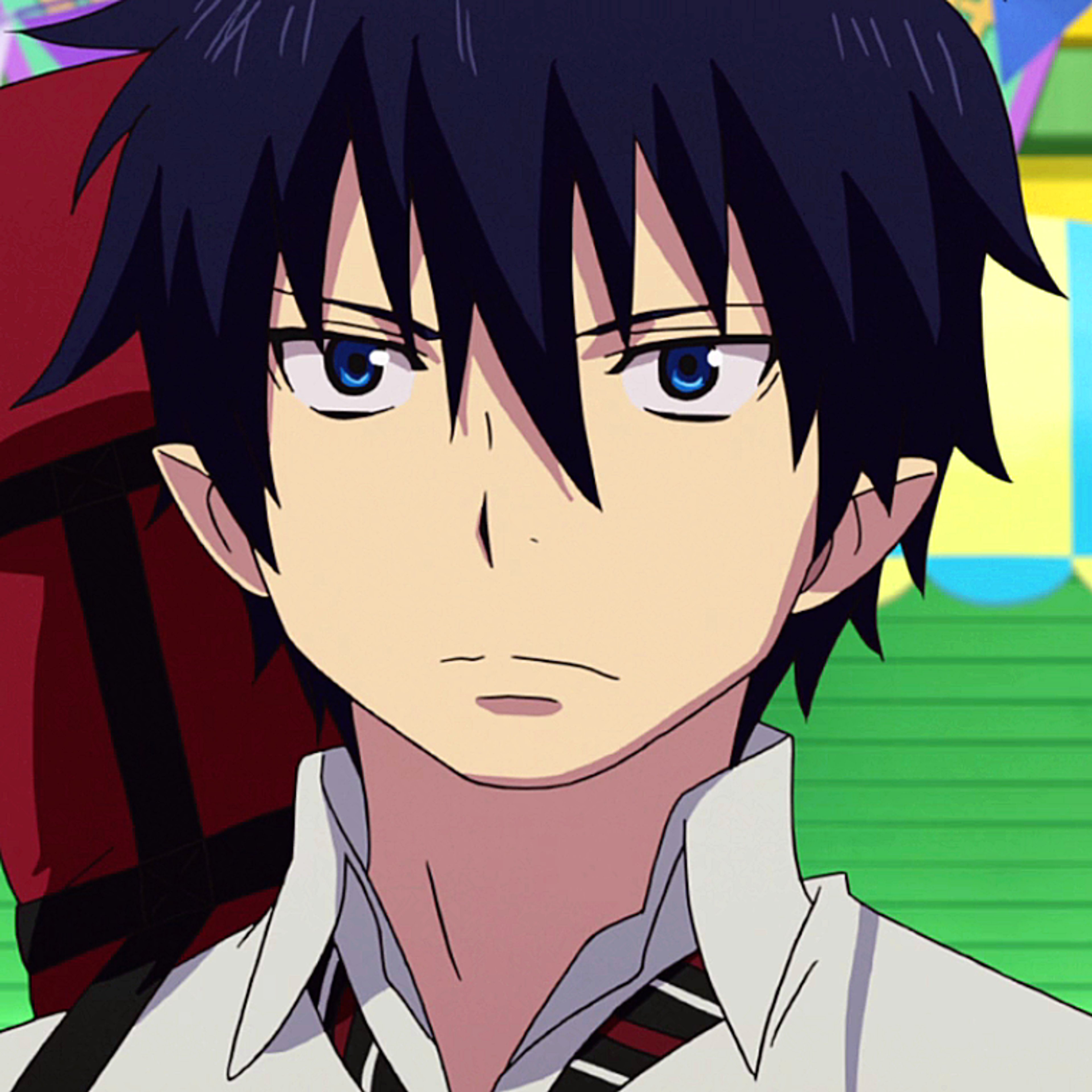 An anime-style character with dark blue hair and intense blue eyes, wearing a red jacket over a white shirt.