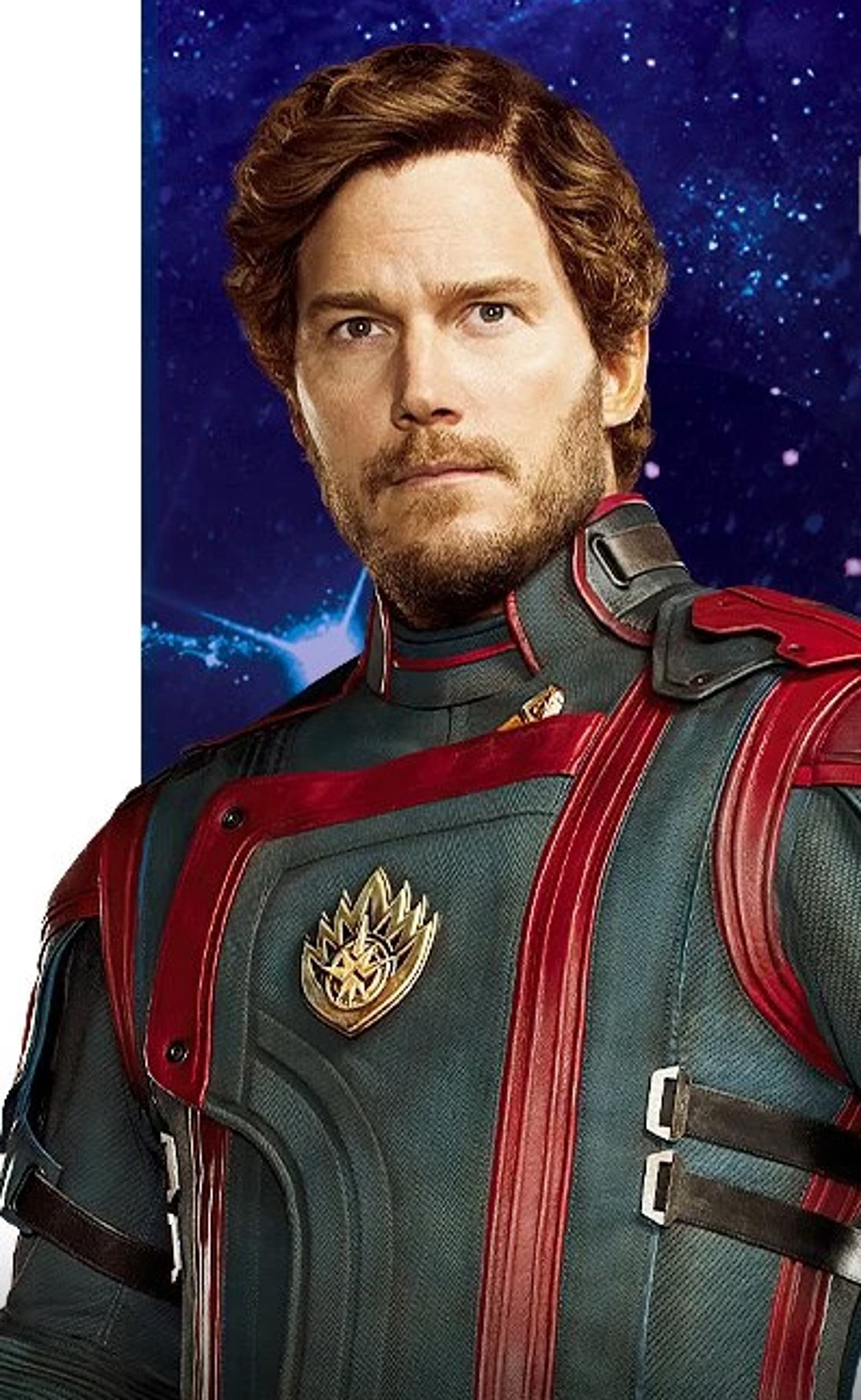 A man in a red and blue superhero costume with a star emblem on the chest, set against a cosmic background.