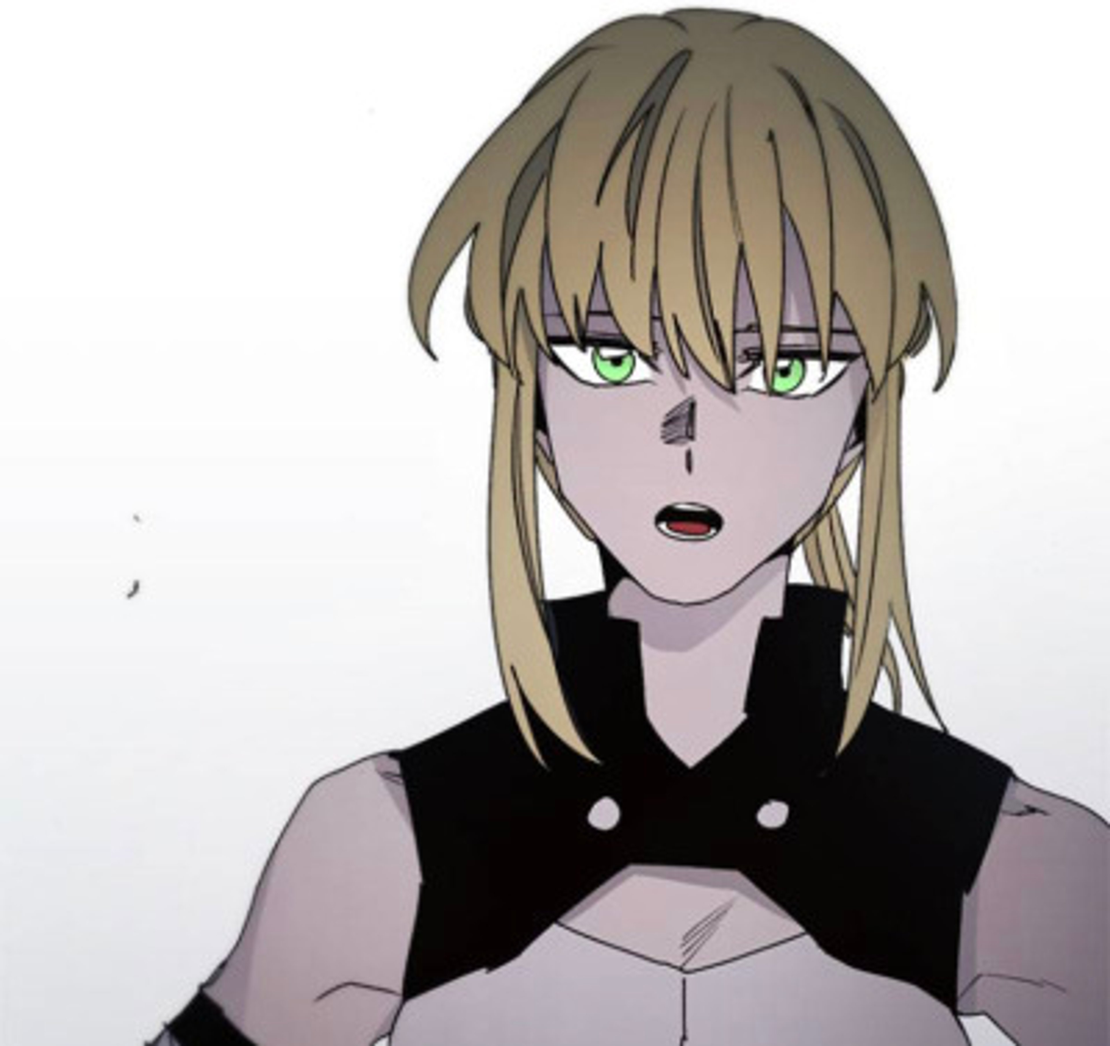 A young woman with pale blonde hair and green eyes wearing a black outfit with a high collar.