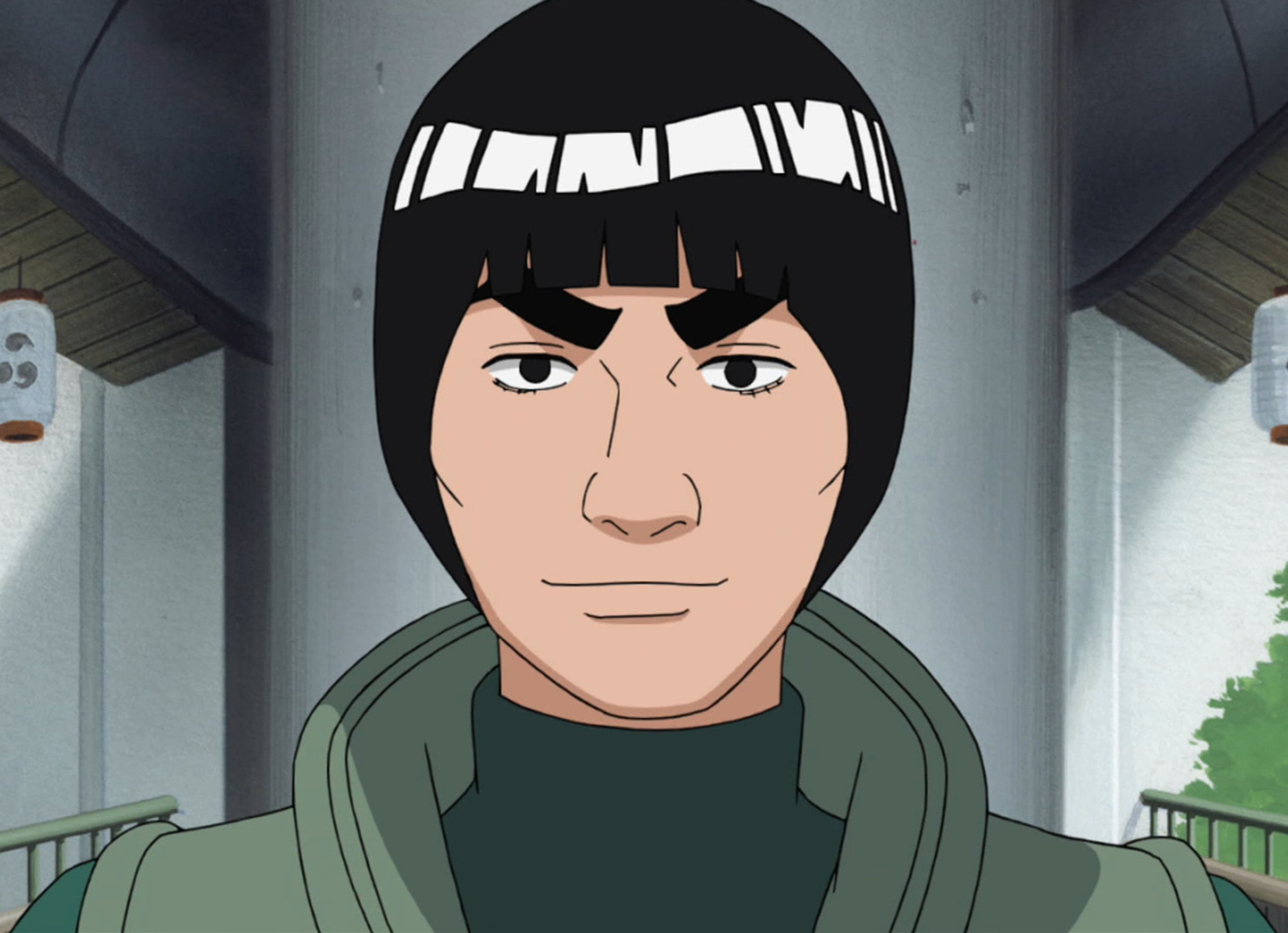 An anime character with a distinctive appearance, including a large eyebrow, bowl-cut hairstyle, and tight green spandex suit.