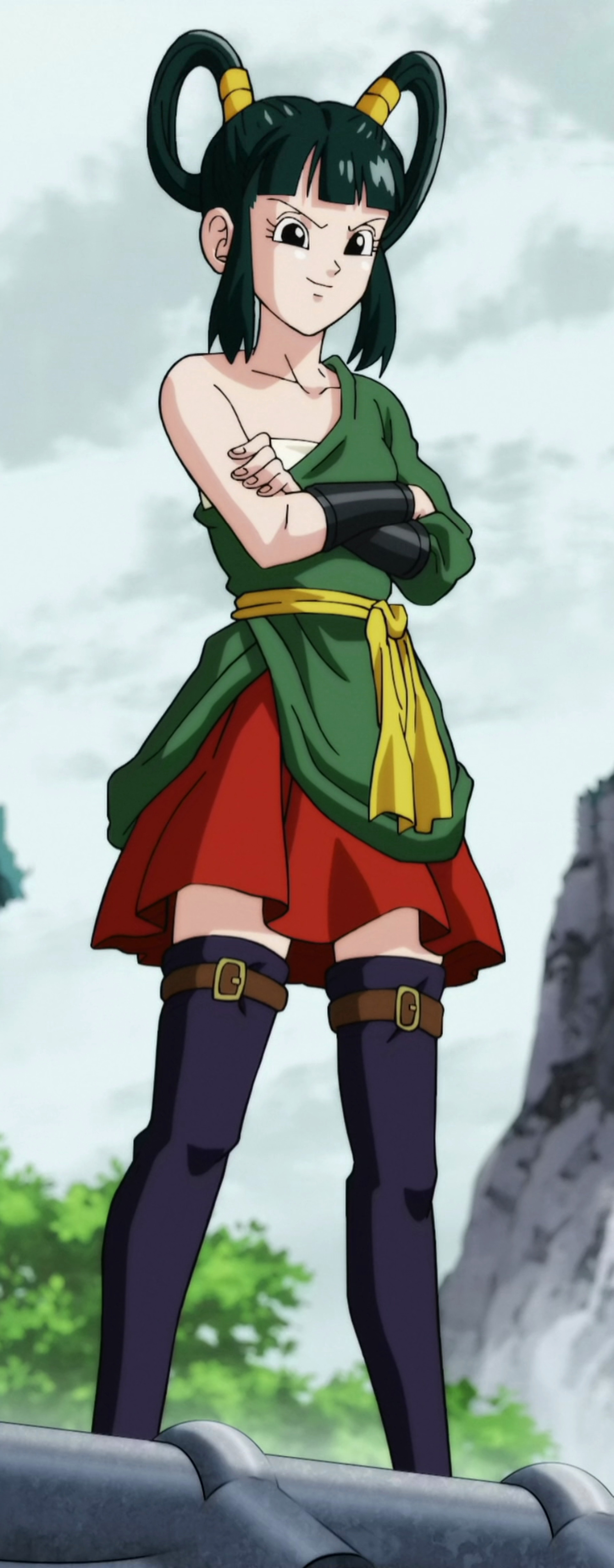 An anime-style female character with black horned hair, wearing a green top, red skirt, and purple stockings, standing in an outdoor setting.