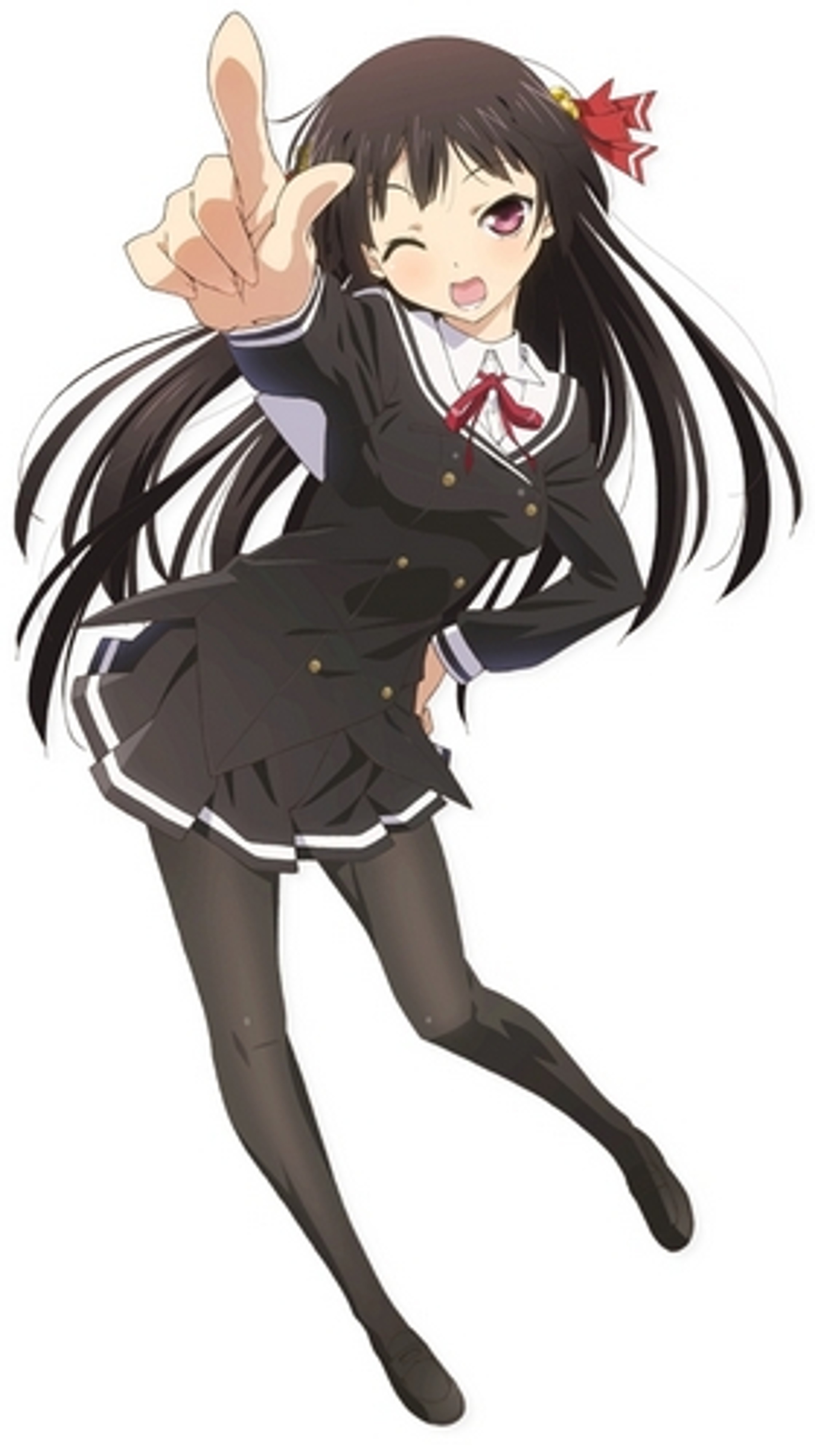 A young anime-style girl in a school uniform making a peace sign gesture