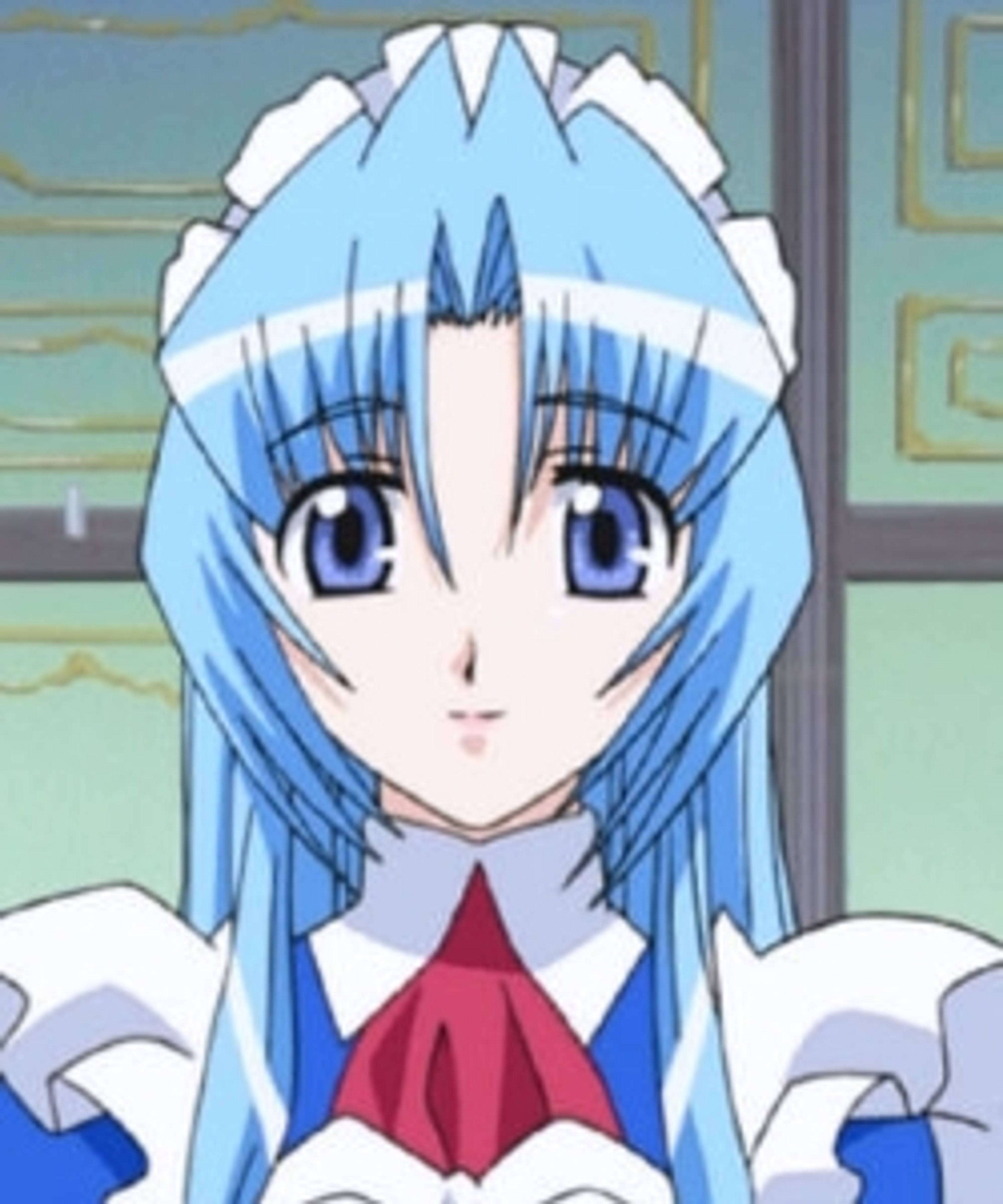 An anime-style maid character with blue hair and a serious expression