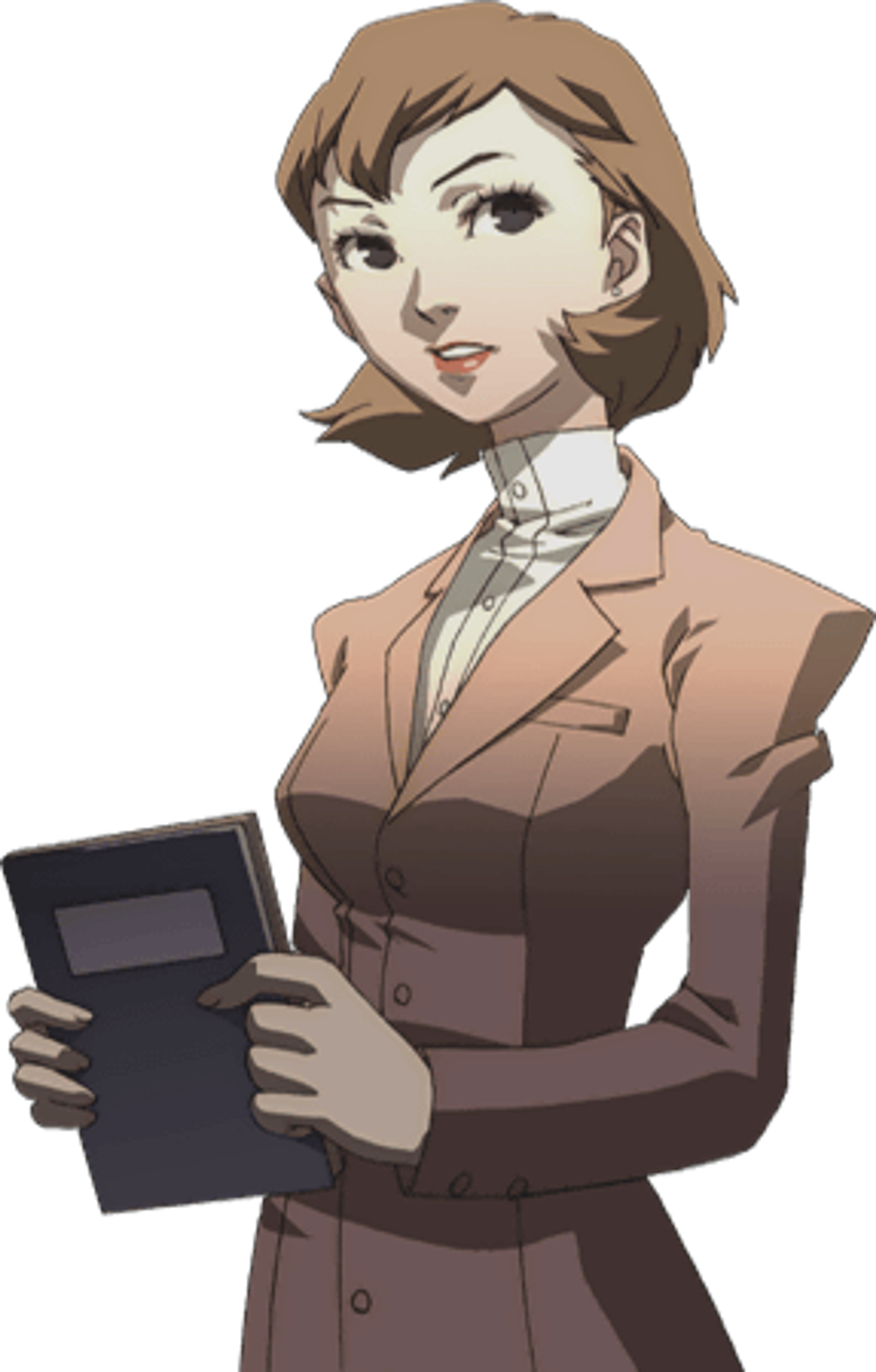 A woman in a gray suit jacket holding a tablet device