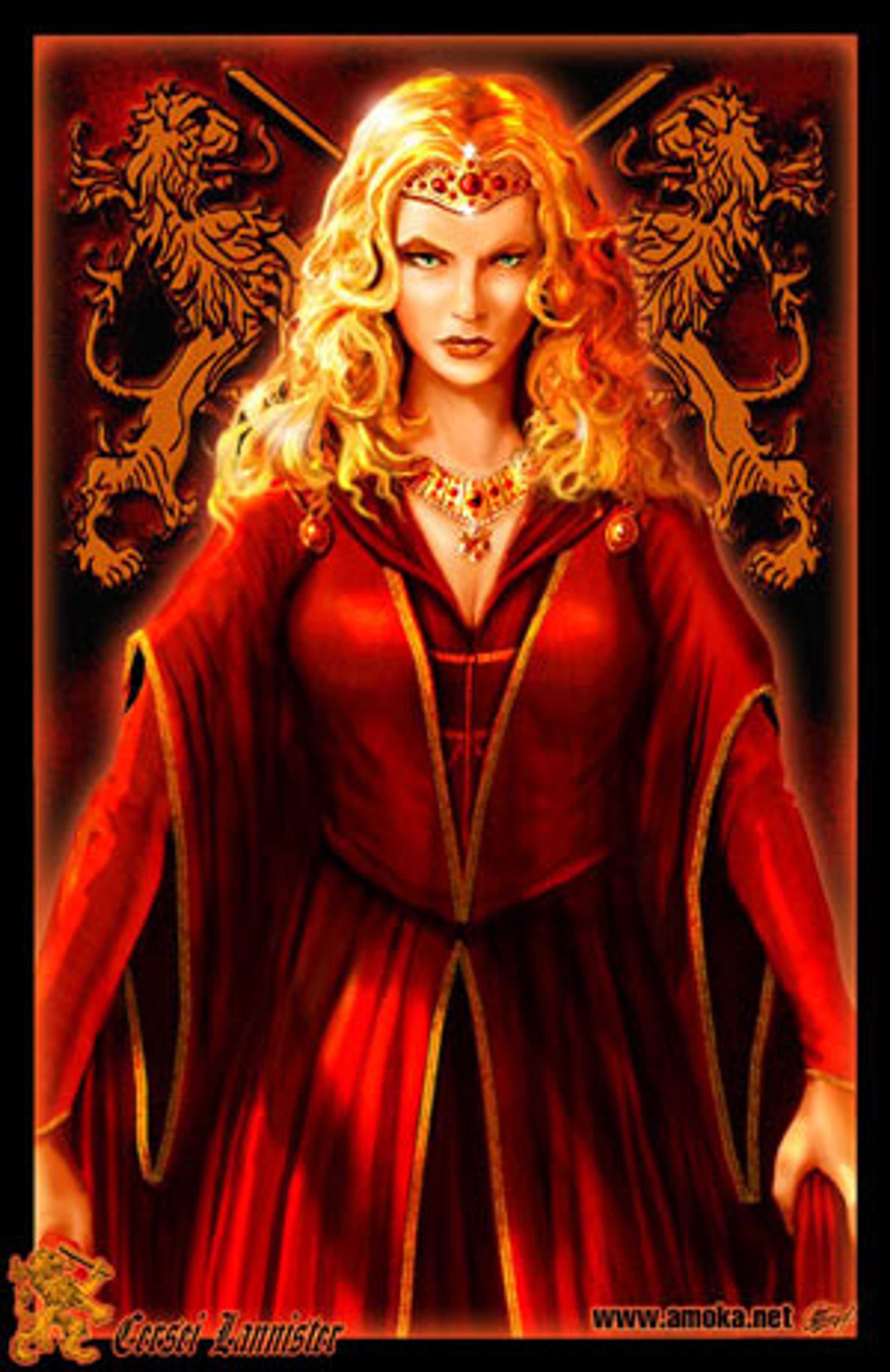 Born at Casterly Rock as the daughter of powerful lord Tywin Lannister,Twin sister of Jaime Lannister, with whom she would secretly become lovers later in life,Married King Robert Baratheon to secure Lannister political influence,Bore three children - Joffrey, Myrcella and Tommen, who were secretly fathered by her brother Jaime,Became Queen and eventually Queen Regent during Joffrey's reign,Engaged in constant power struggles against political rivals