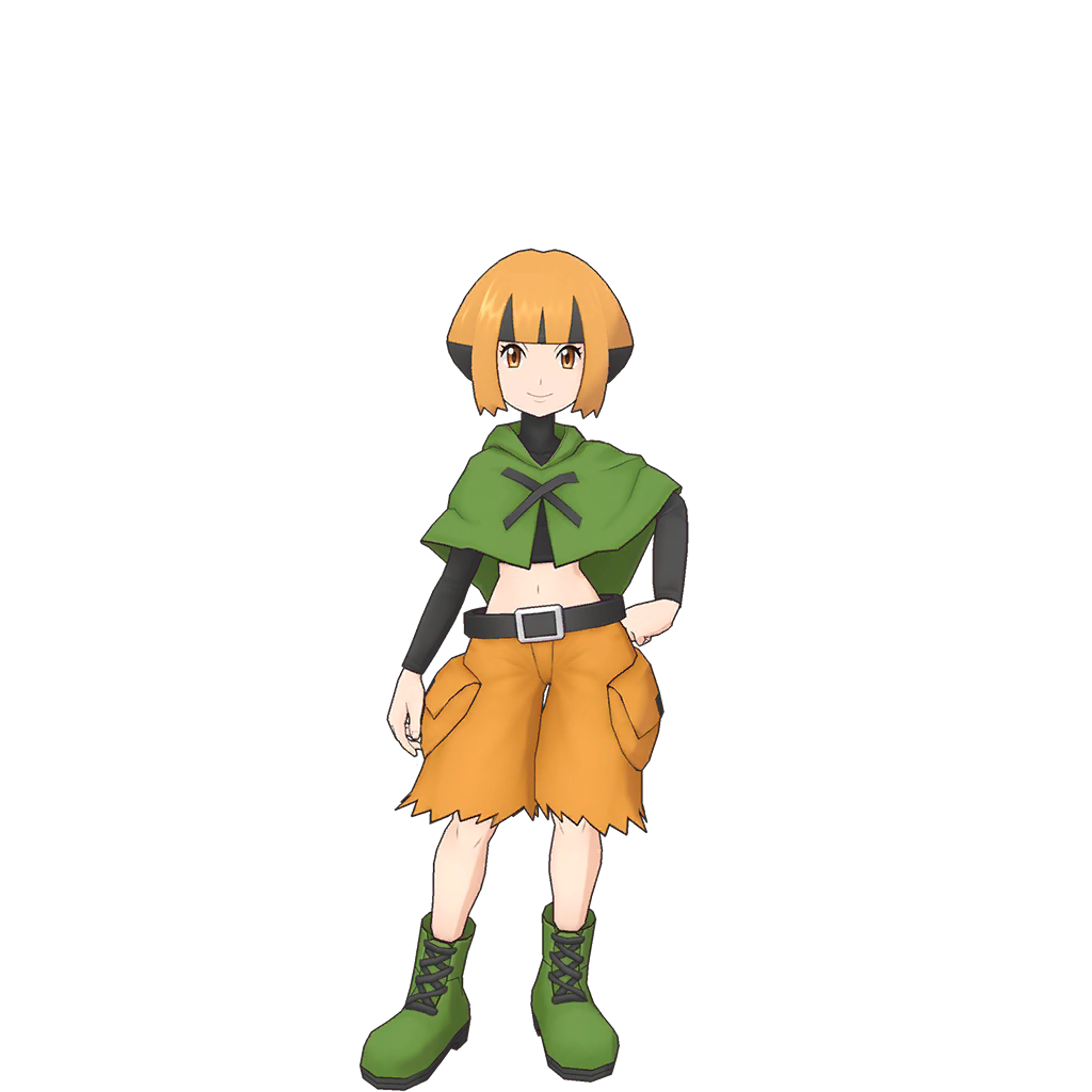 An anime-style character with short blonde hair and green eyes, wearing a green outfit with a bow tie.