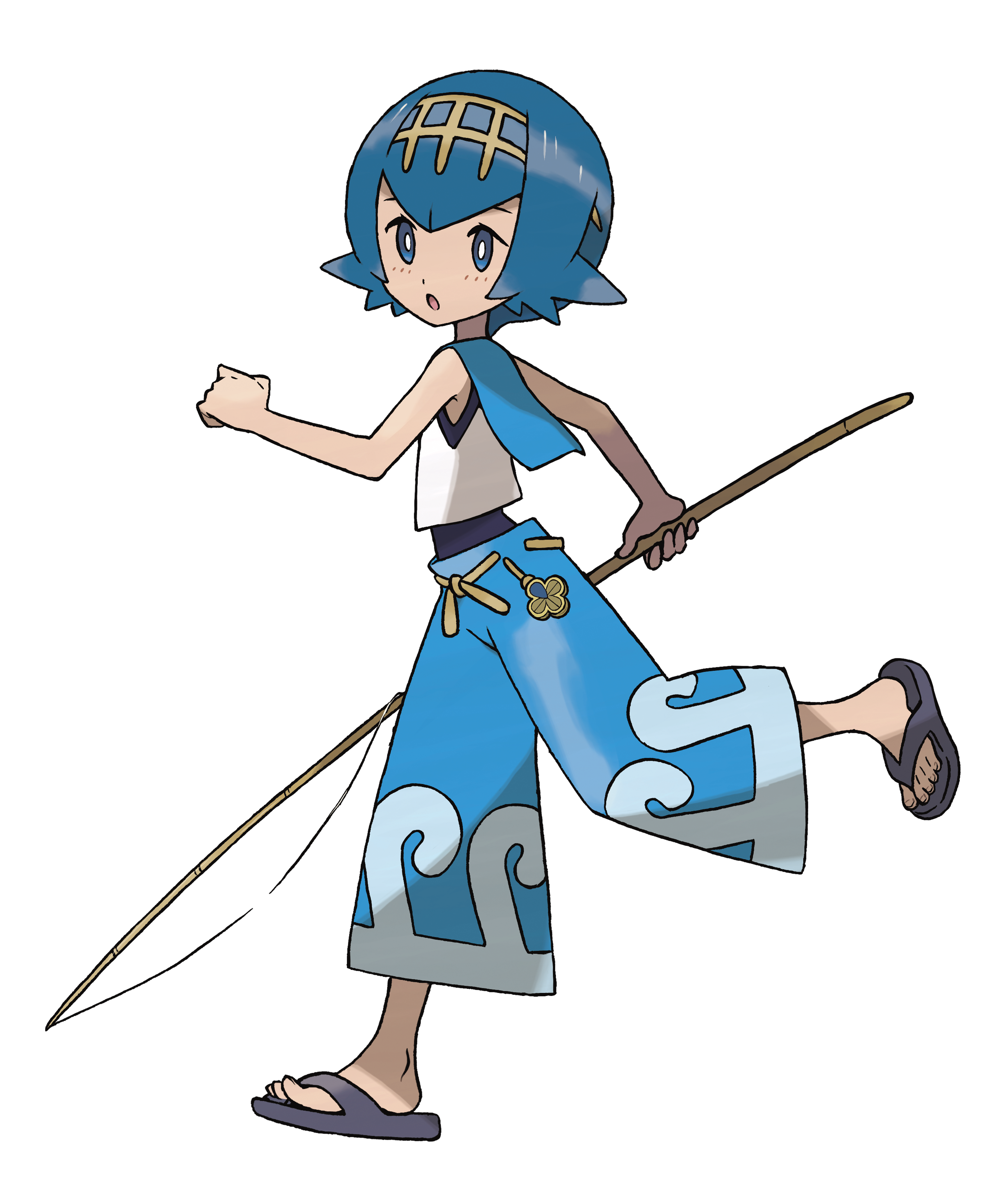 A young female anime-style character with blue hair and eyes, wearing a blue outfit with wave patterns, holding a fishing rod in an outdoor setting.