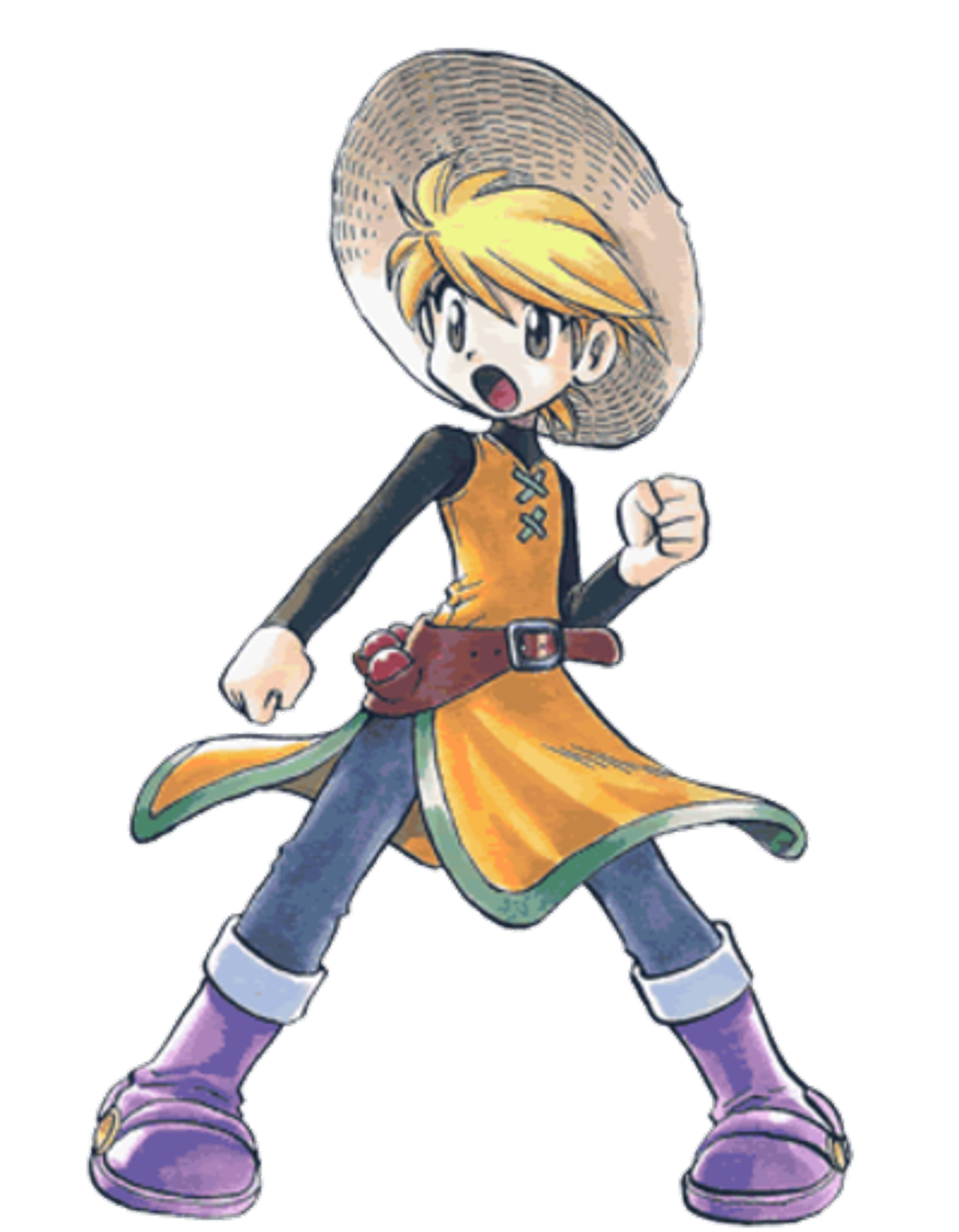 A young woman with blonde hair and a straw hat, wearing an orange shirt and purple shorts, in a Pokémon trainer pose.