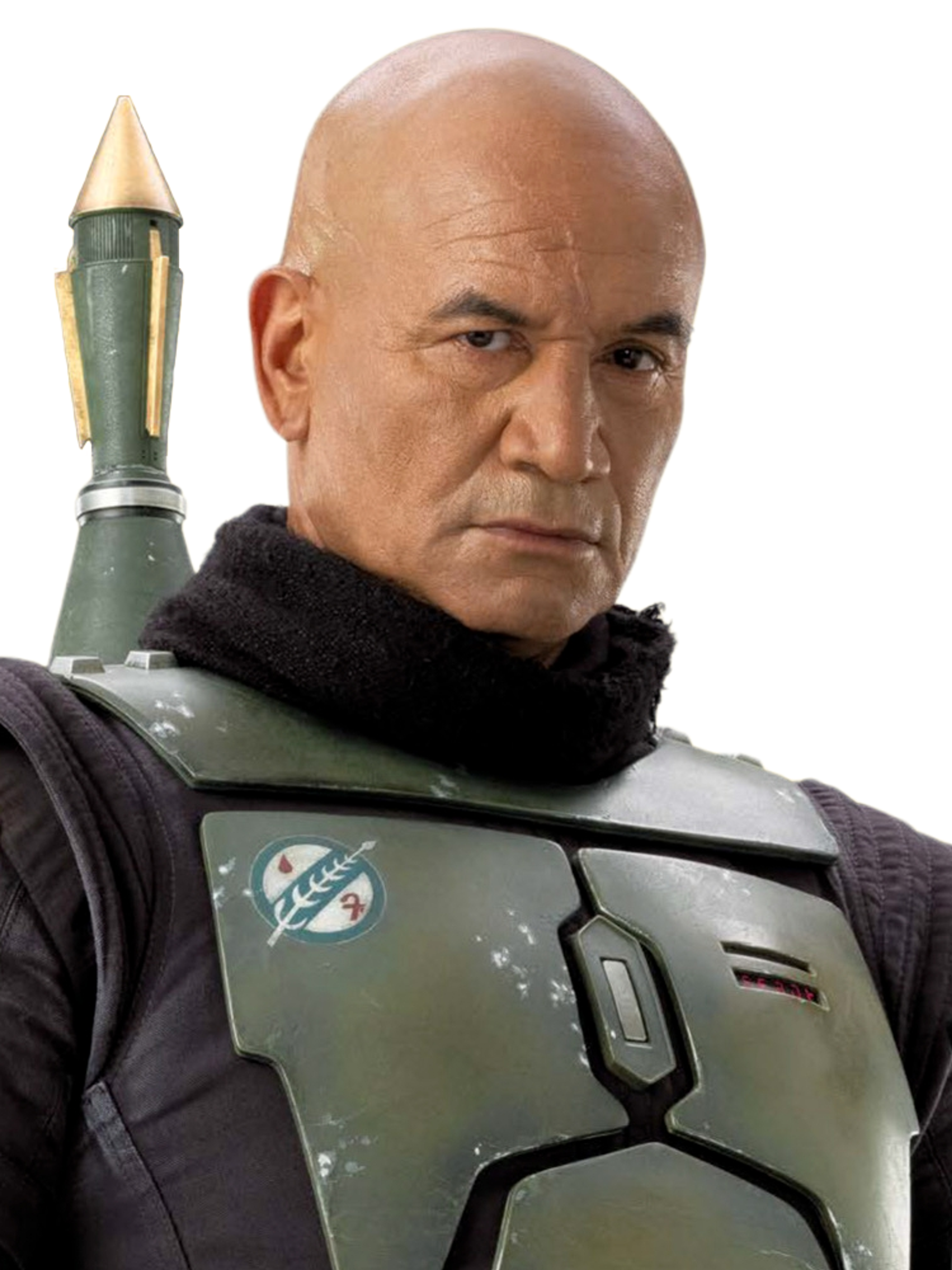 A bald, middle-aged man in Mandalorian armor holding a blaster rifle
