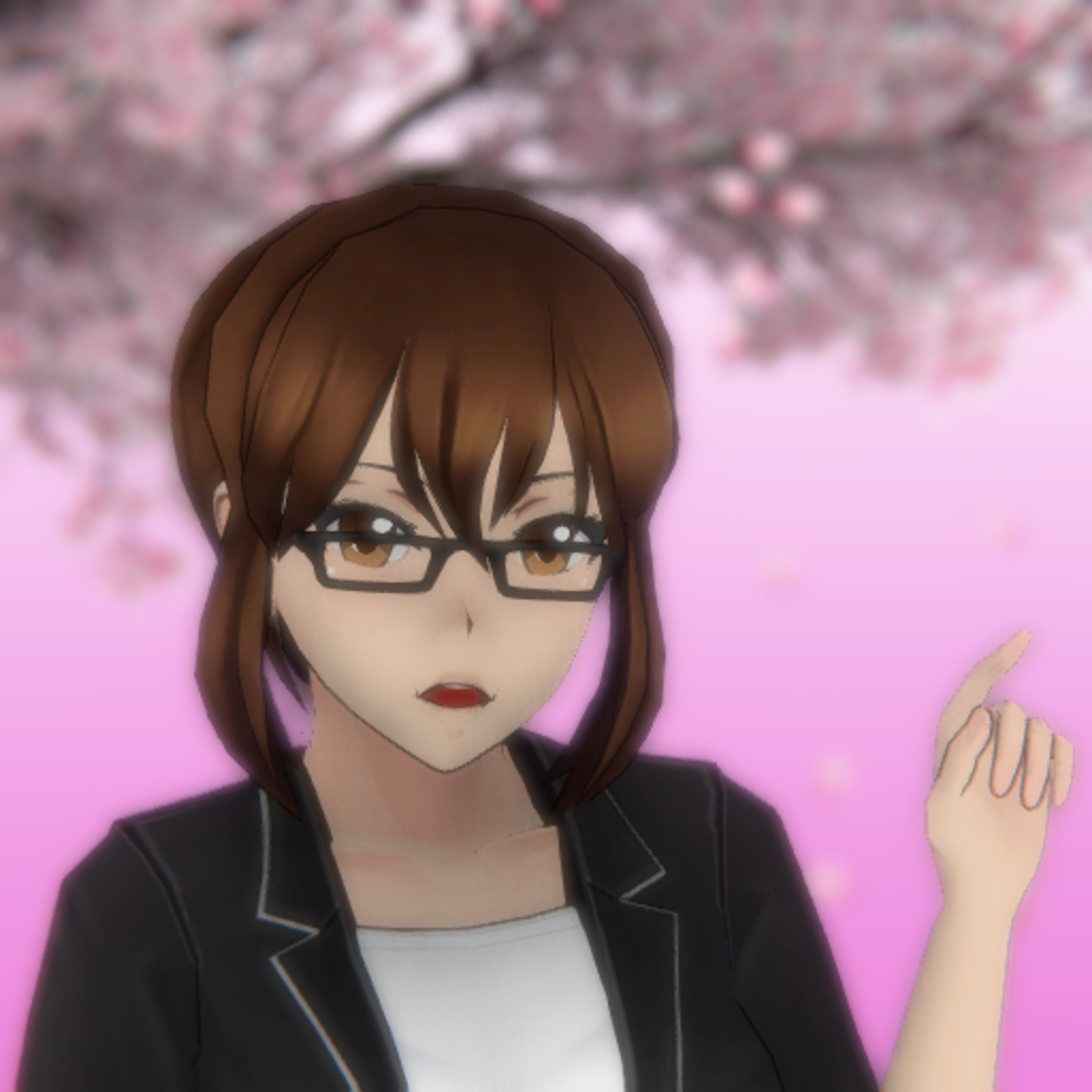 A serious-looking young woman in a black jacket against a pink, floral background