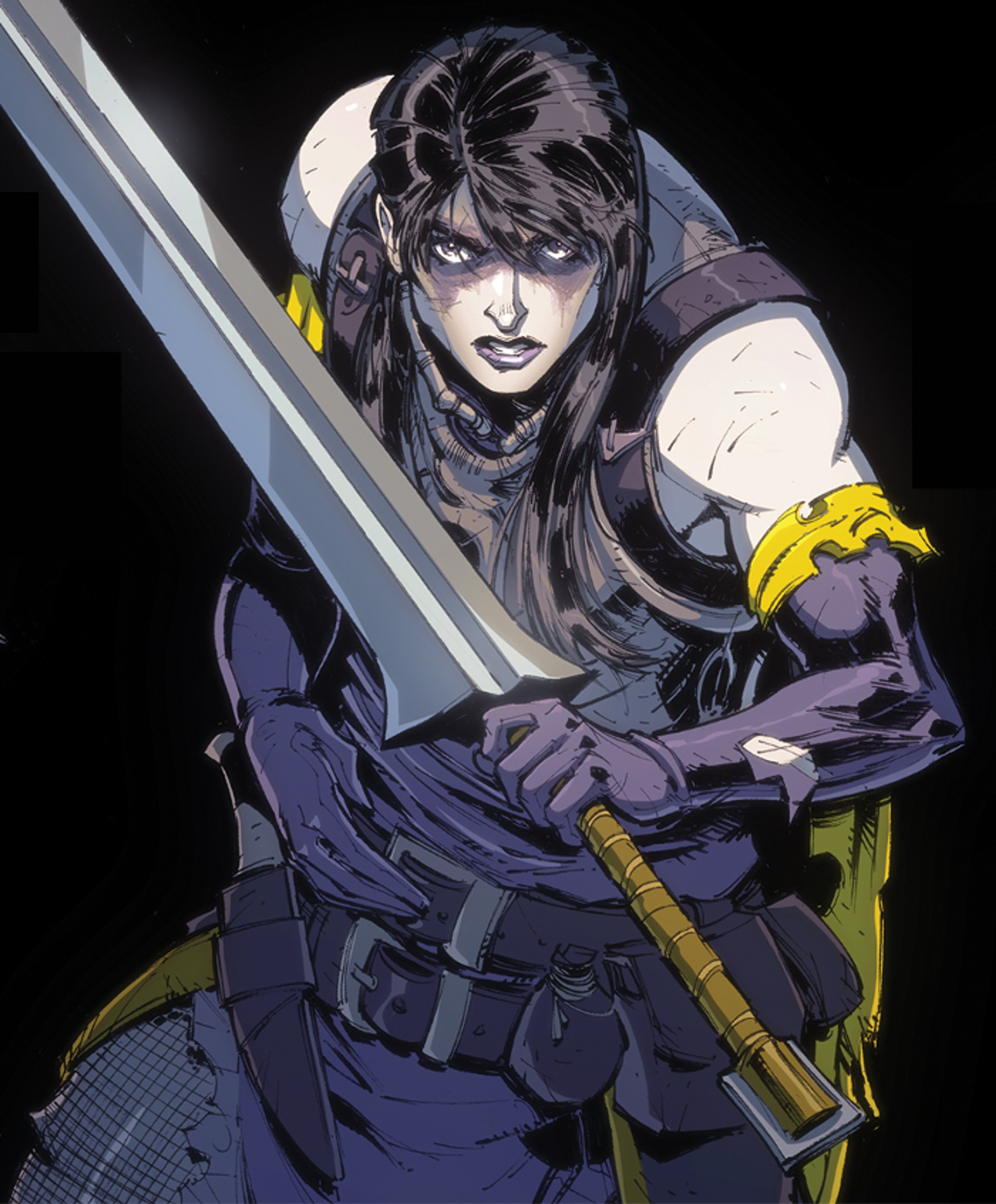 A muscular, pale-skinned woman with purple eyes and black hair, wielding a sword with a determined expression.