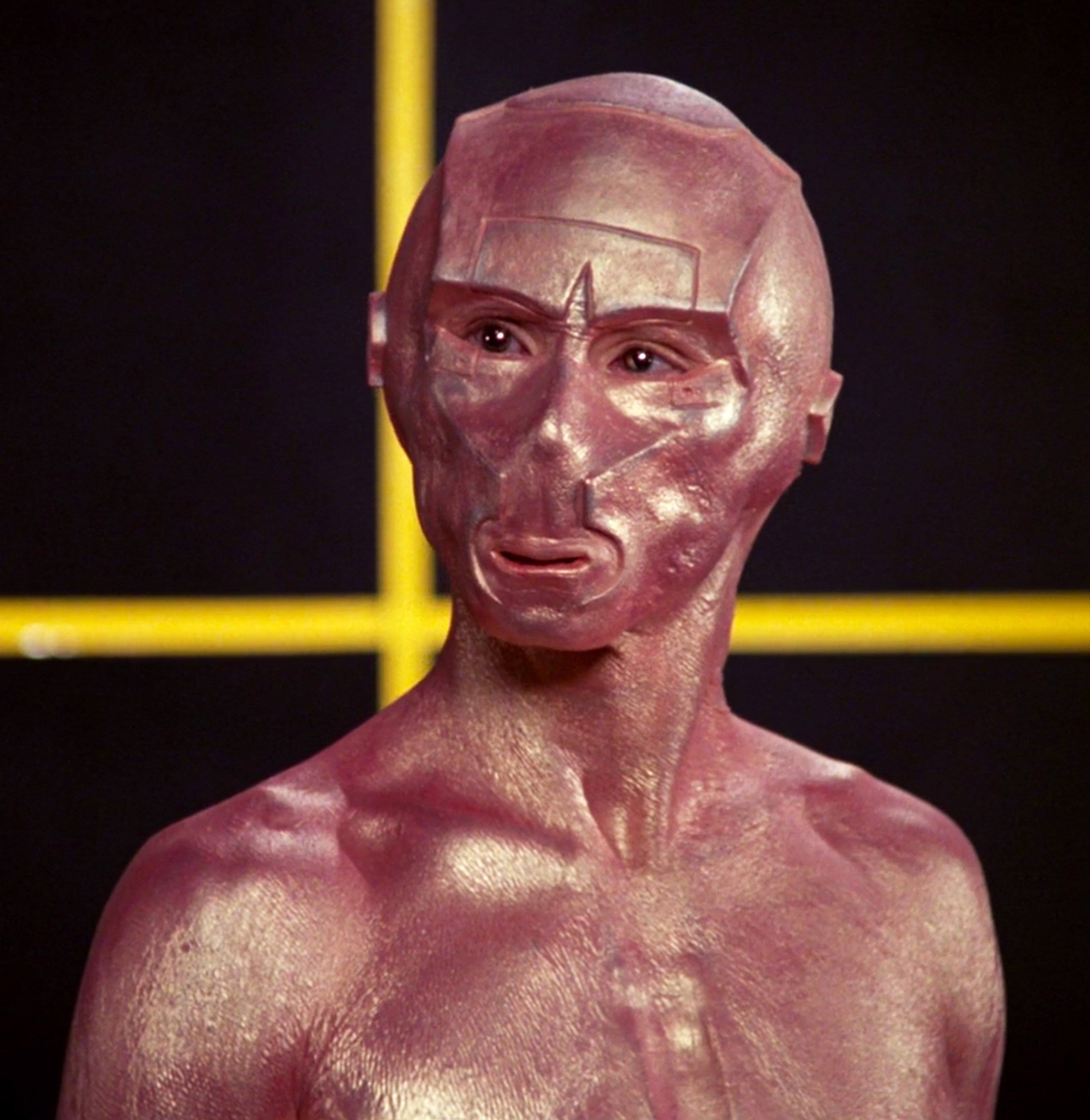 A detailed, lifelike android character with a bald, humanoid head and face and a muscular, masculine physique.