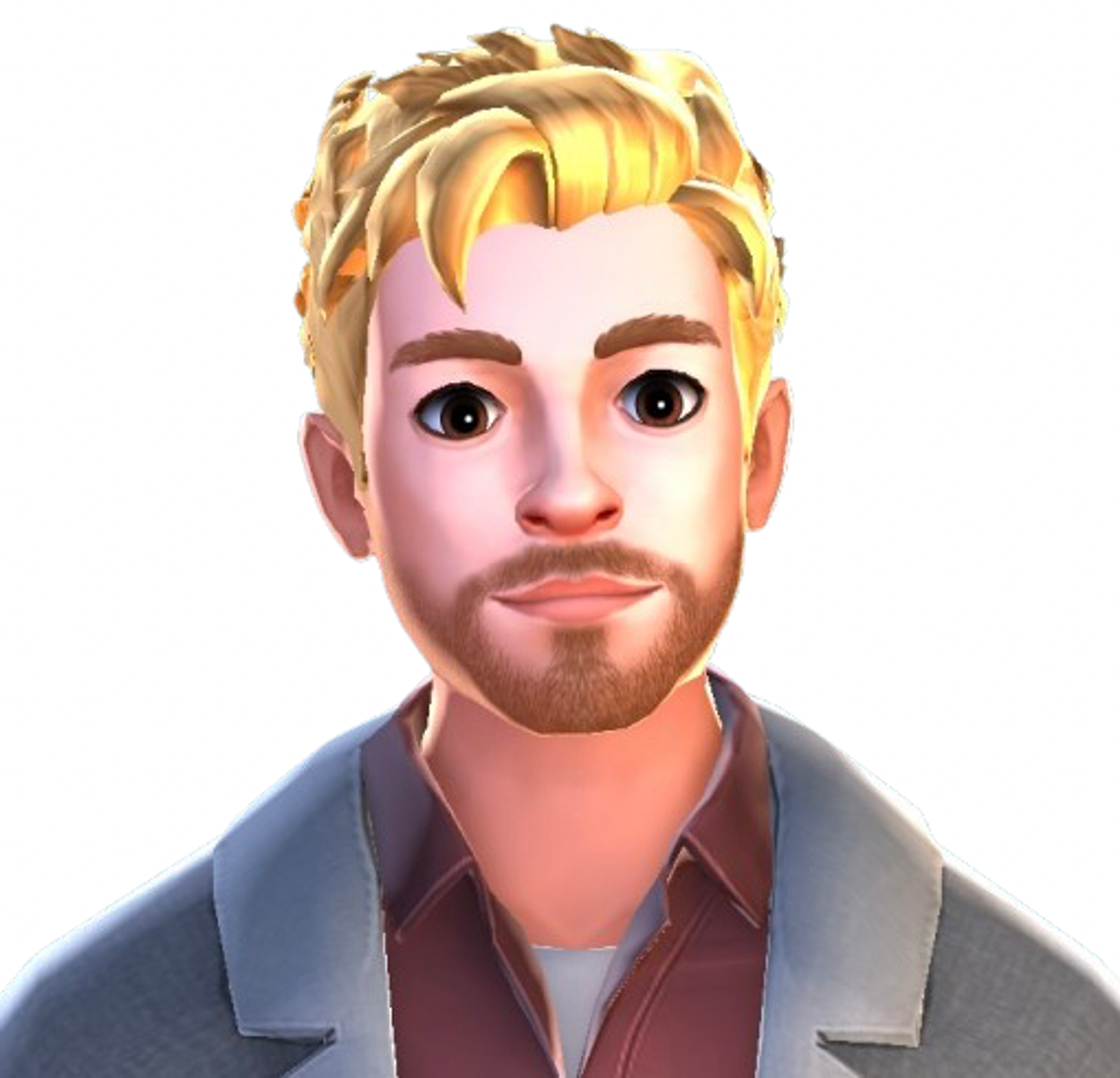 A young man with blond hair and brown eyes wearing a gray shirt