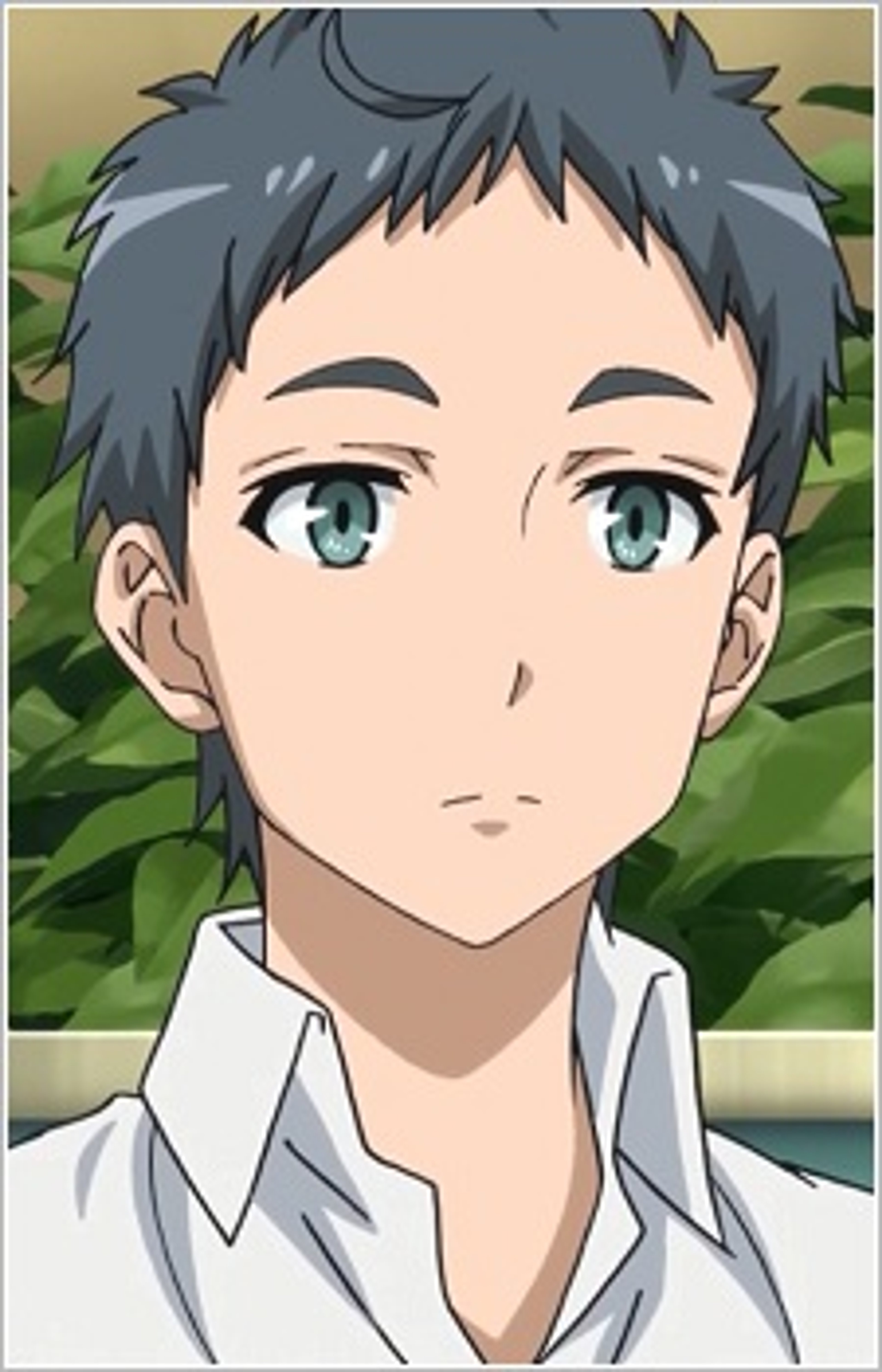 A young male anime-style character with short dark hair and green eyes, wearing a white collared shirt.