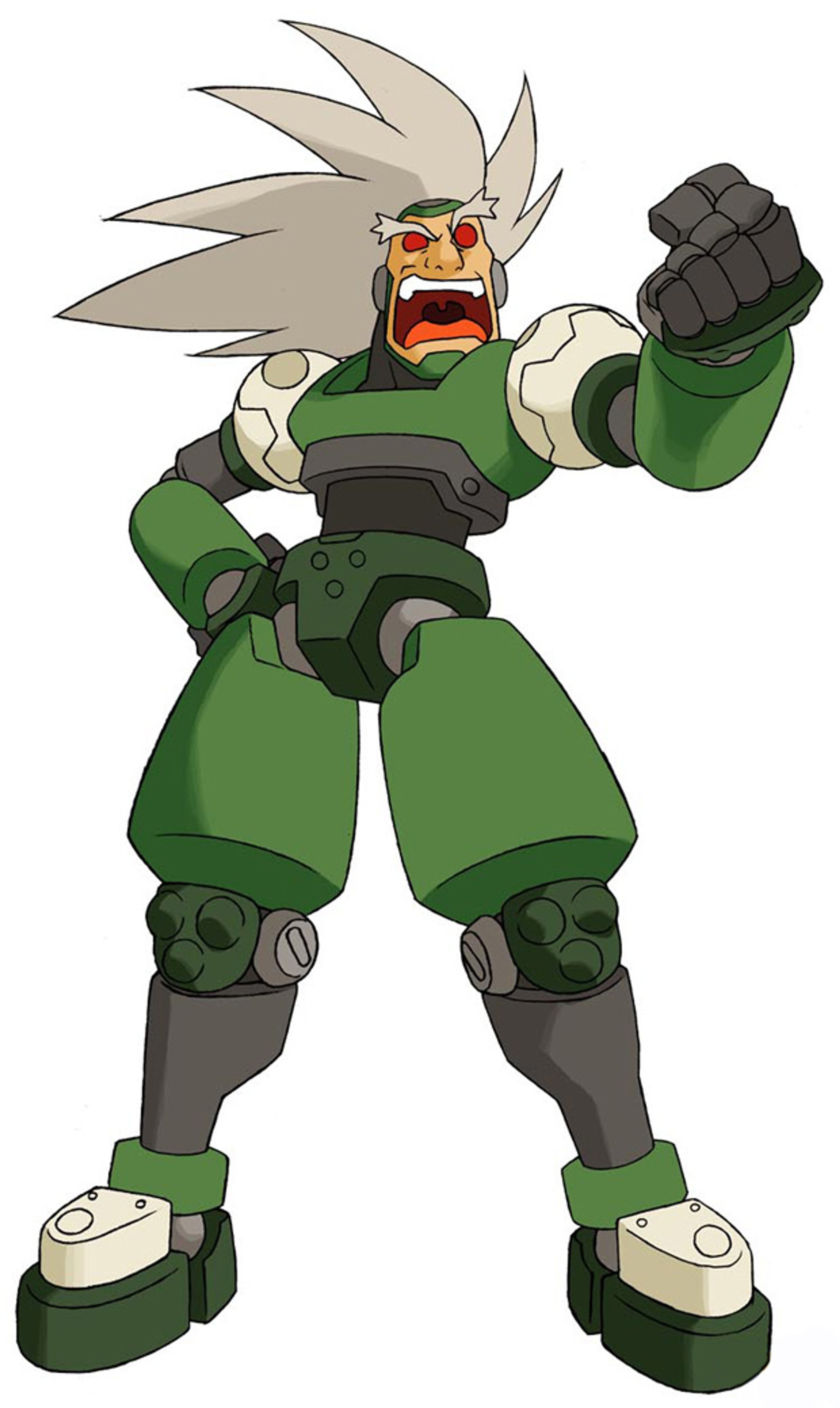 A muscular, green-clad character with spiky white hair in a fighting stance