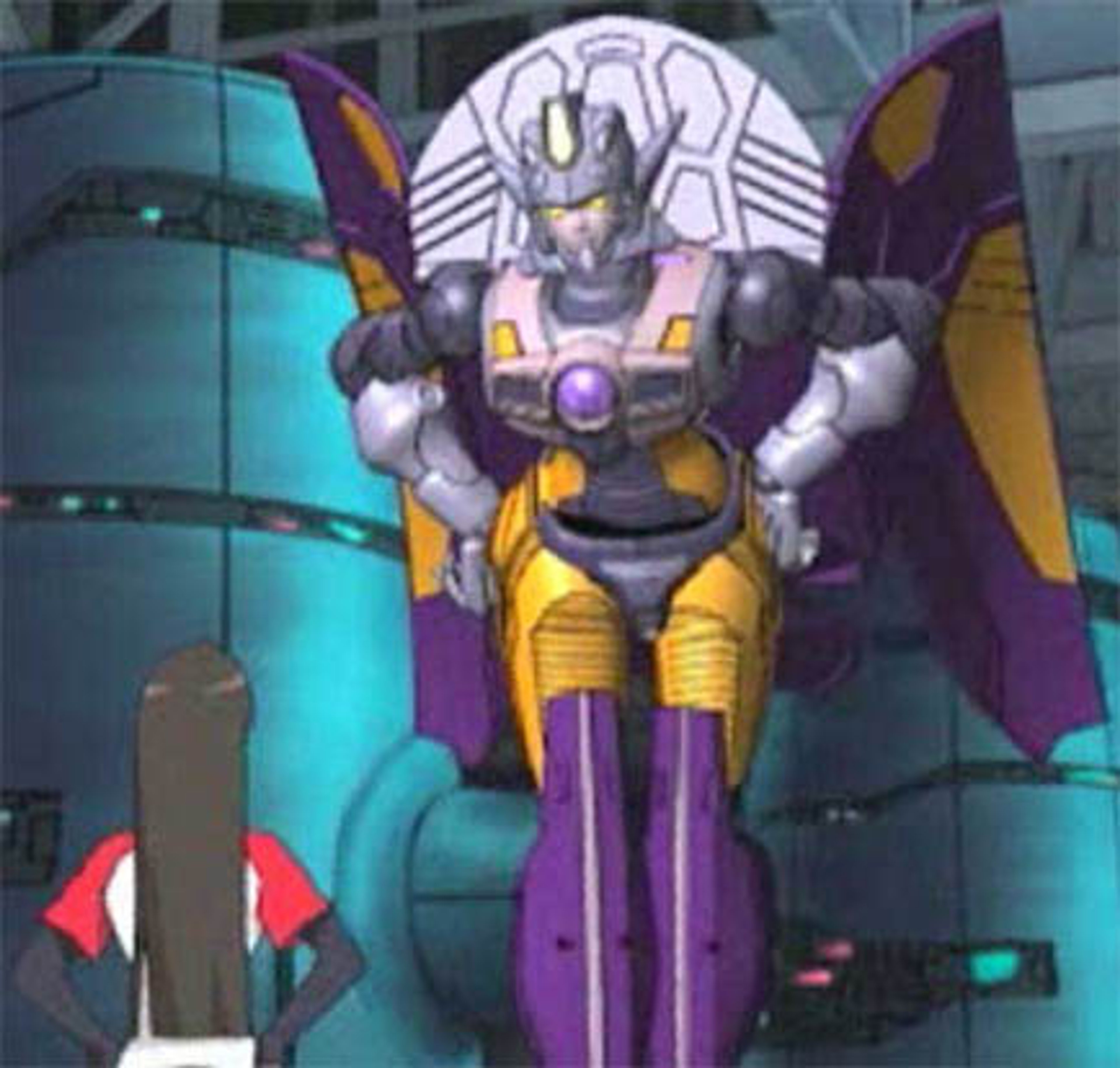 A large, heavily armored robotic character with a purple and yellow color scheme