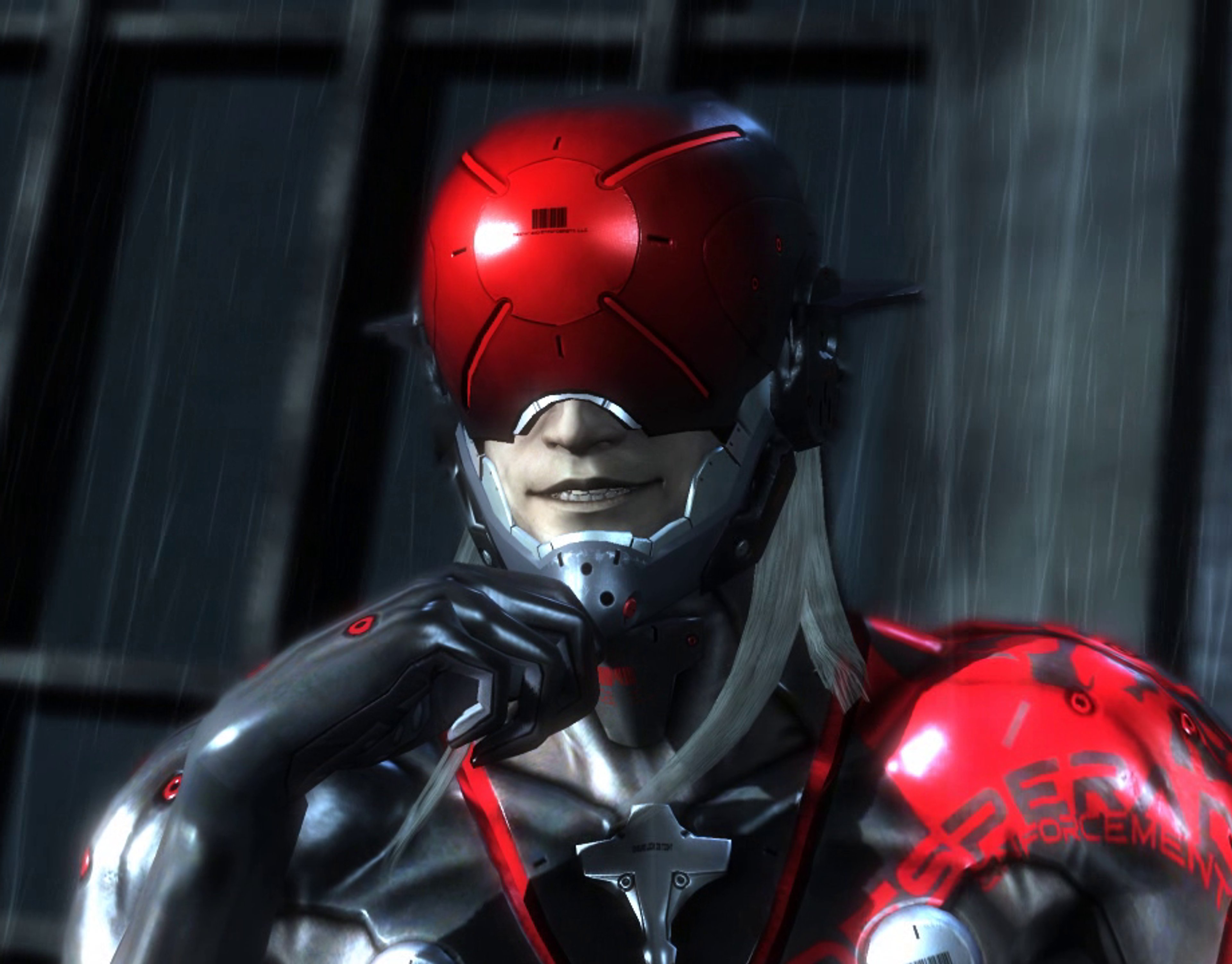 A cybernetically enhanced male character with a red helmet and glowing red eyes