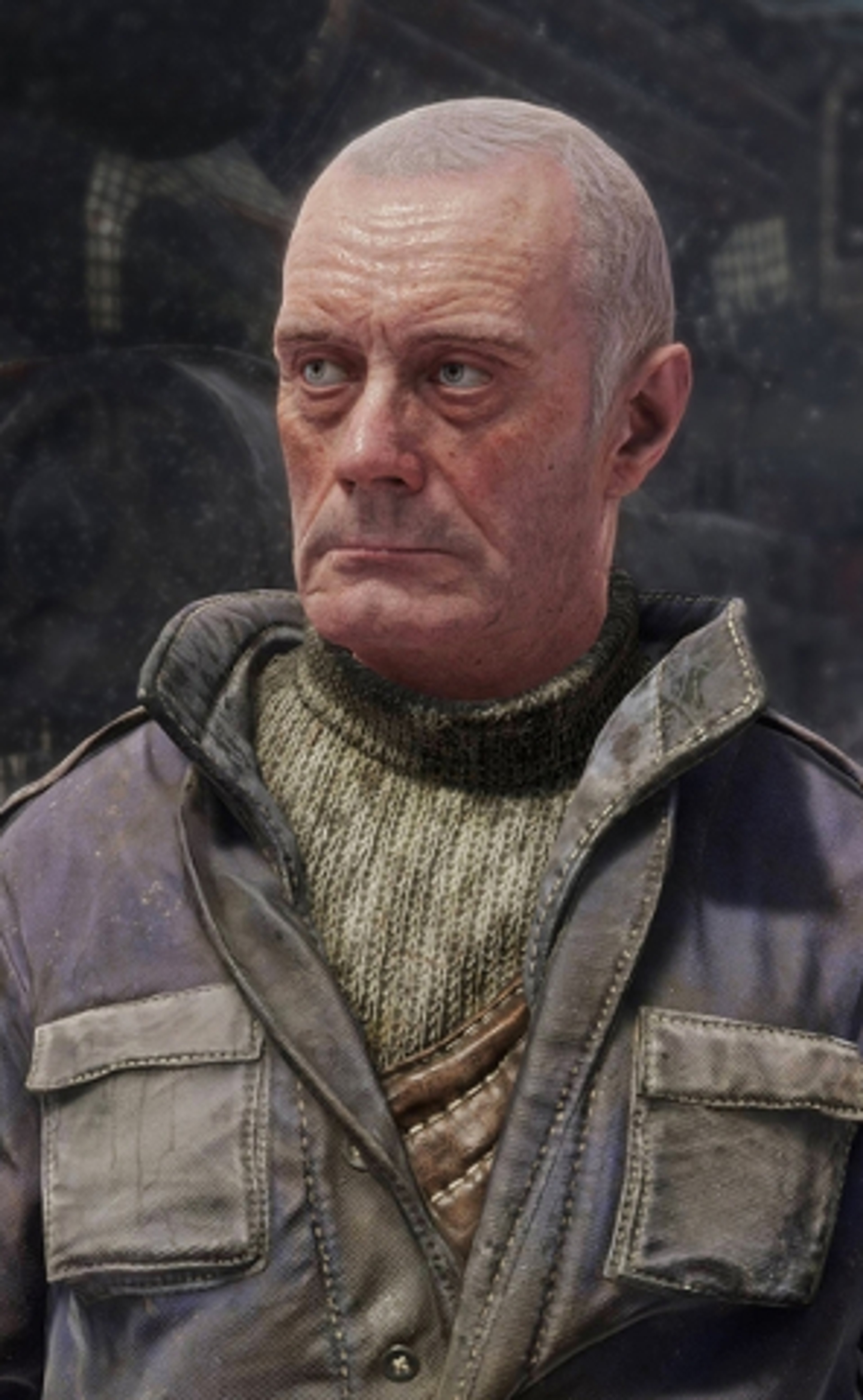 An older man with gray hair and a weathered face, wearing a green jacket and tan sweater, appears to be the helmsman or engineer of a train or locomotive.