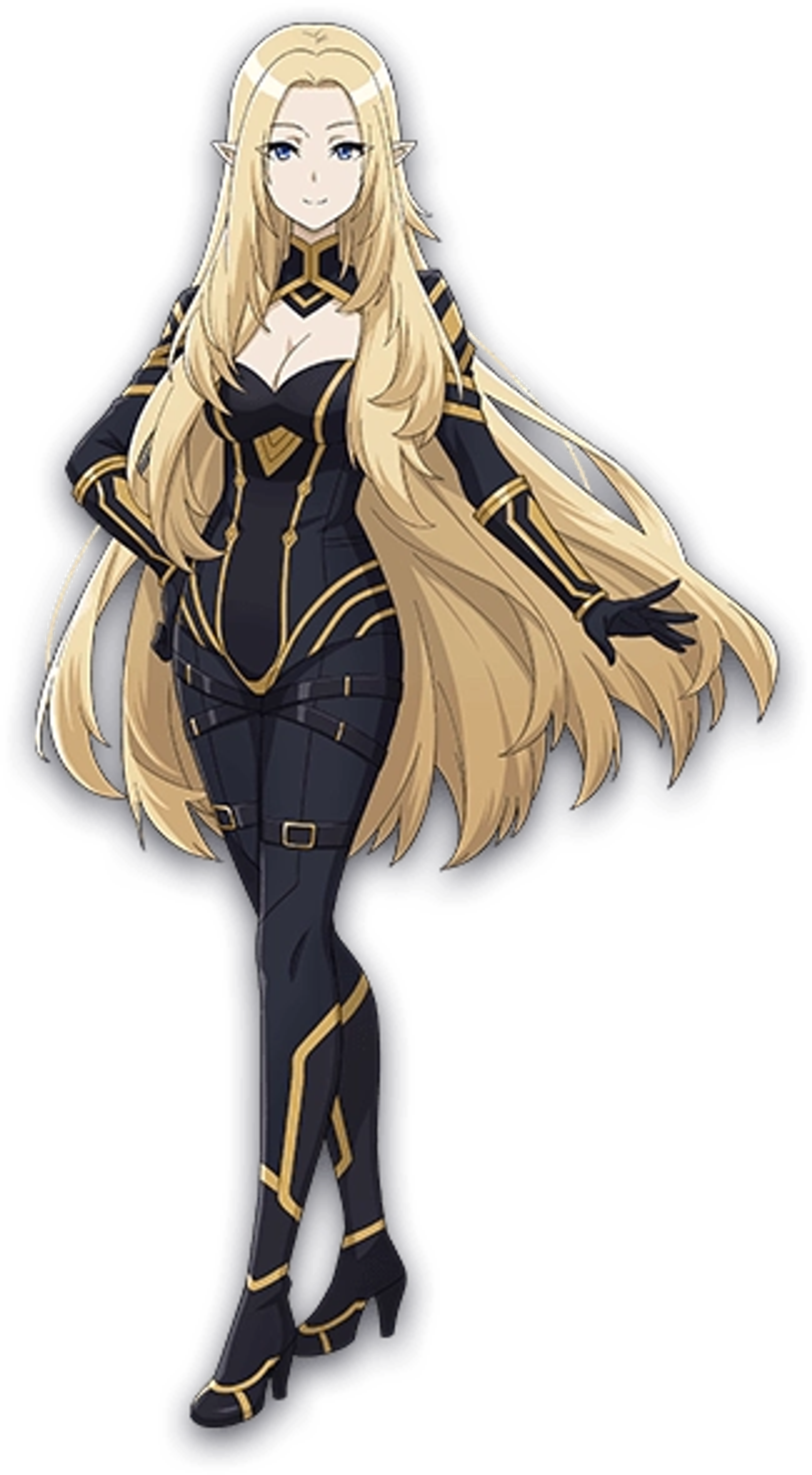 A female warrior character with long blonde hair and a serious expression, wearing a dark outfit with gold accents.