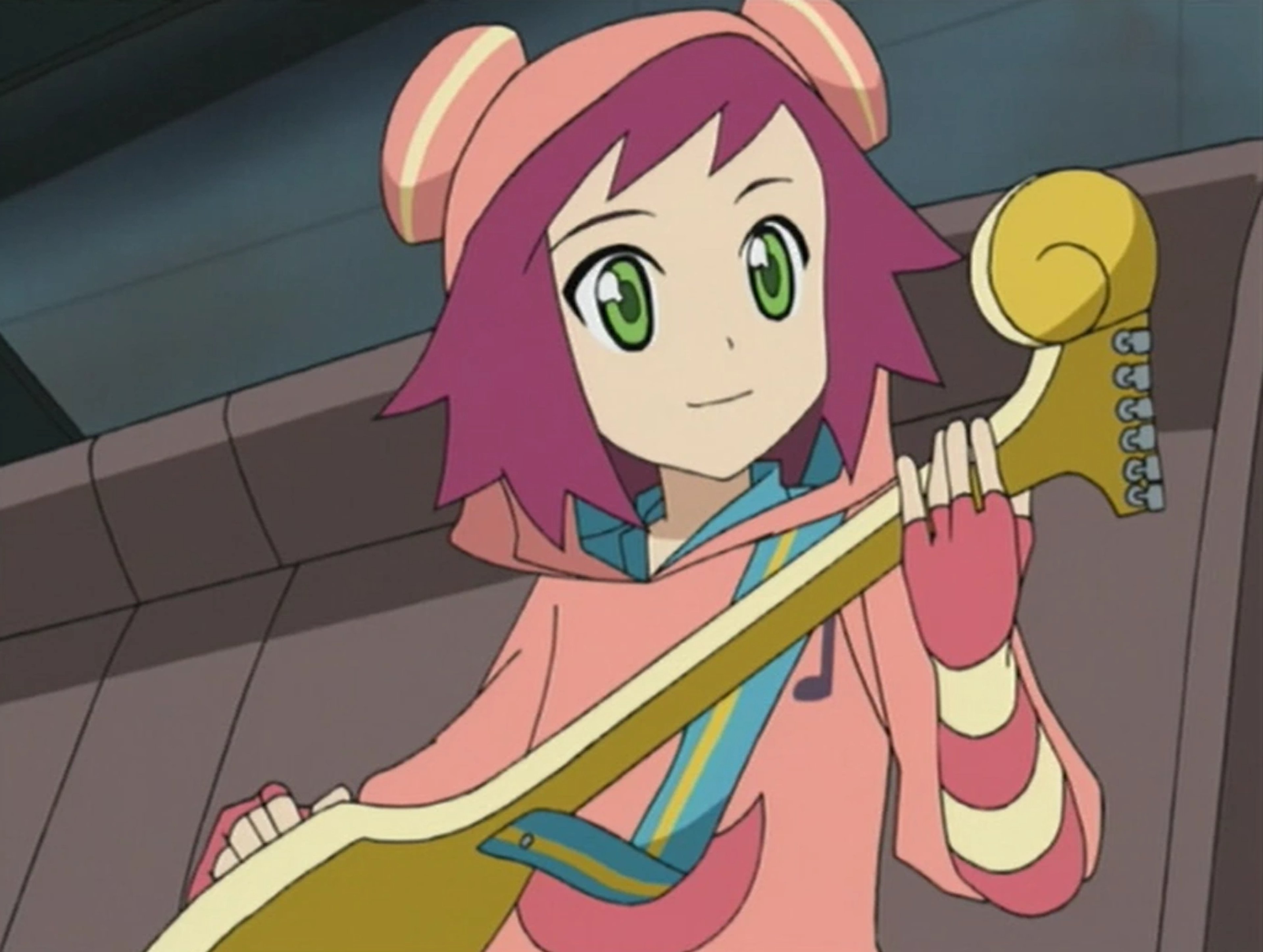 An anime-style character with pink hair and a colorful outfit