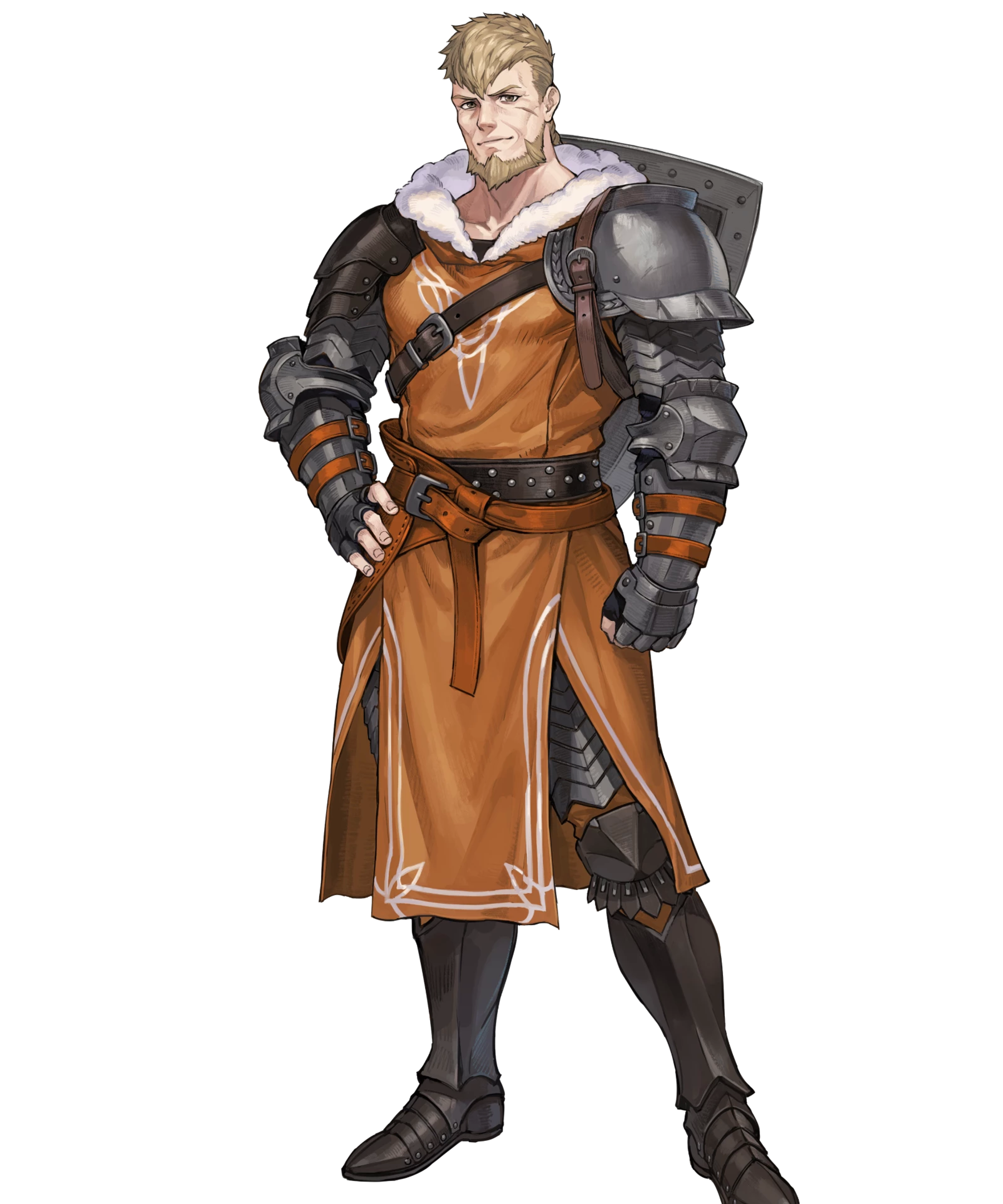 A middle-aged man with short blonde hair wearing a brown leather coat and carrying a large sword on his back.