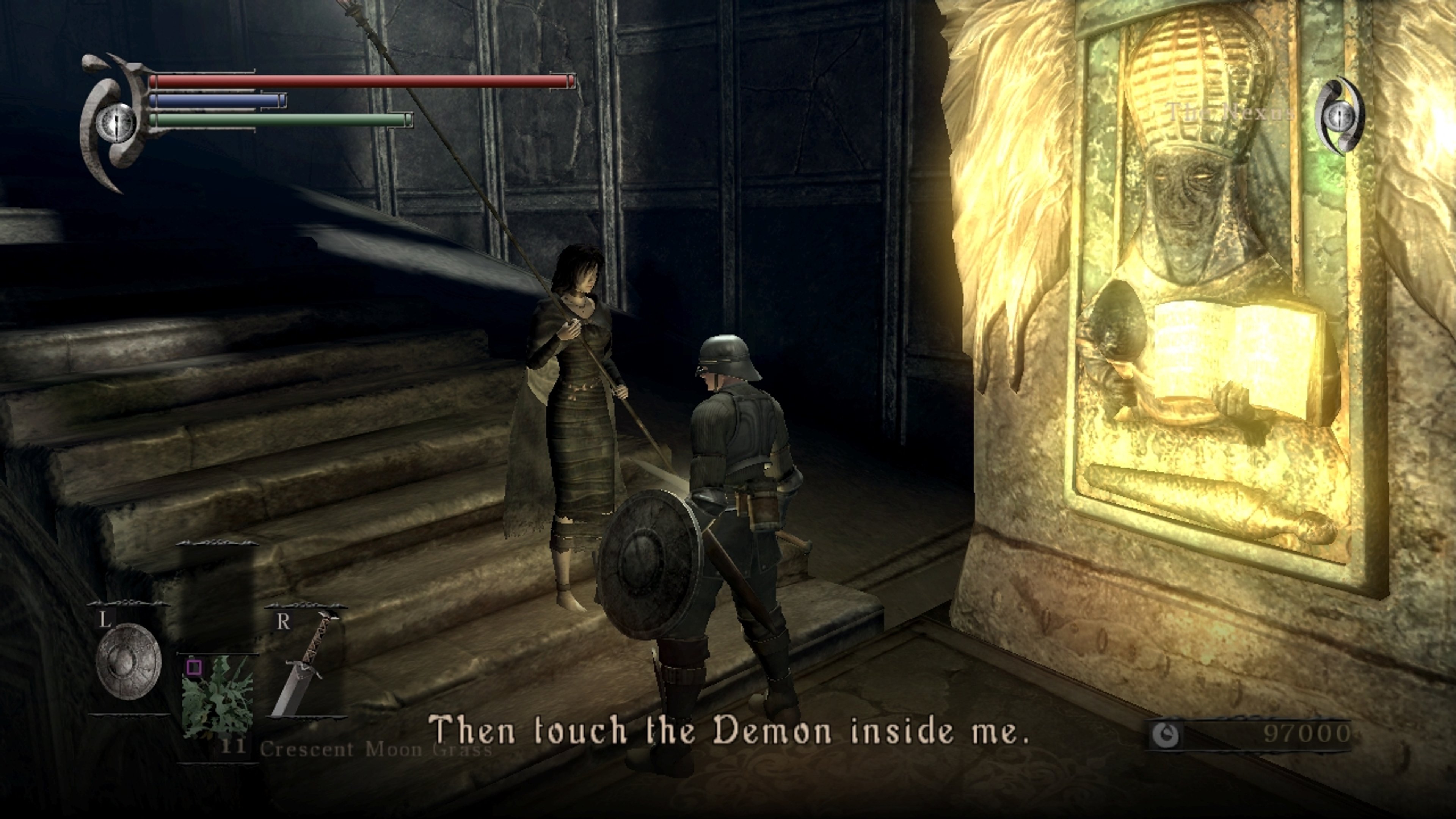 A mysterious, robed female figure standing in a dimly lit, atmospheric environment