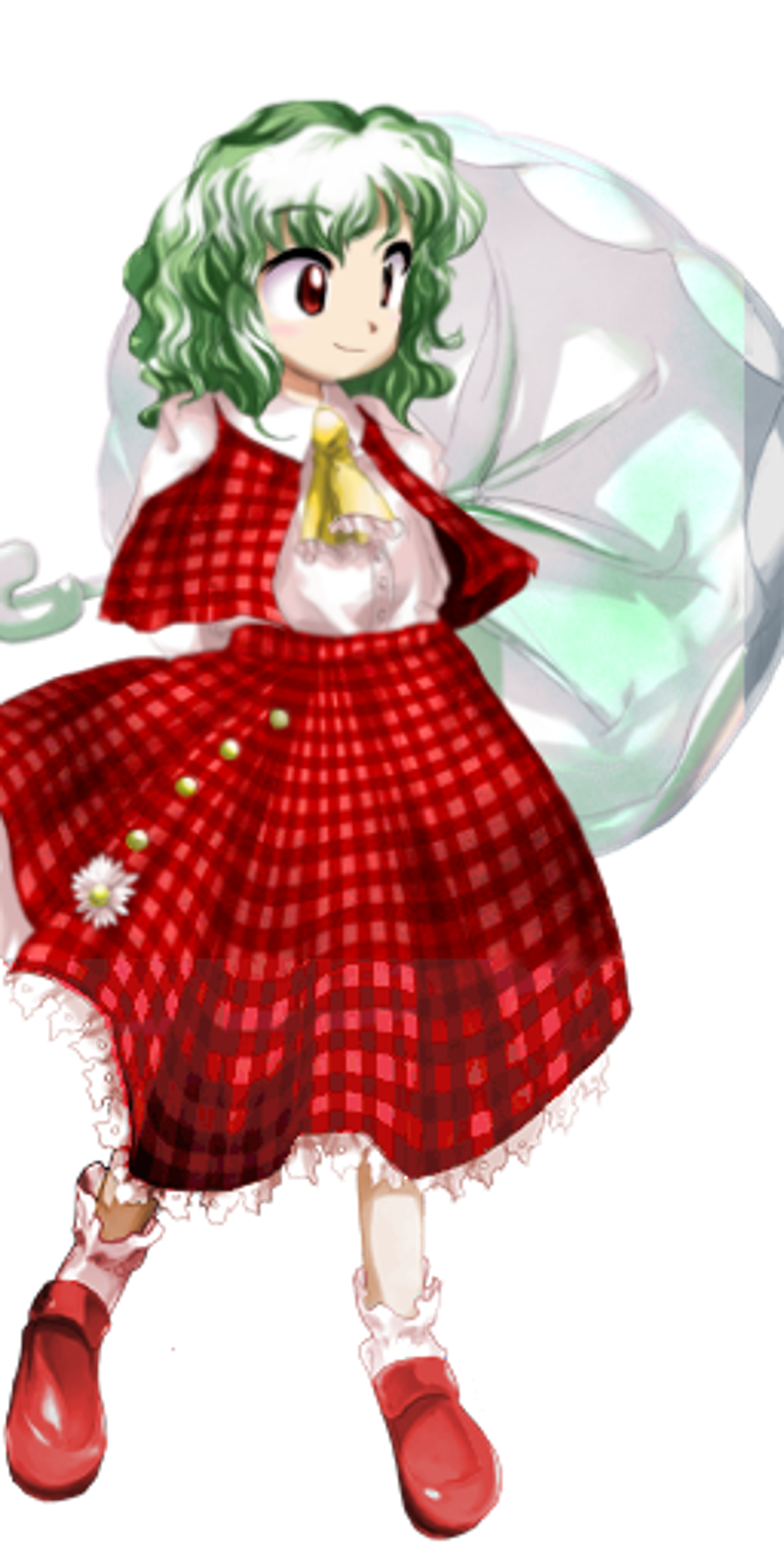 An anime-style character with green hair wearing a red and white checkered dress.